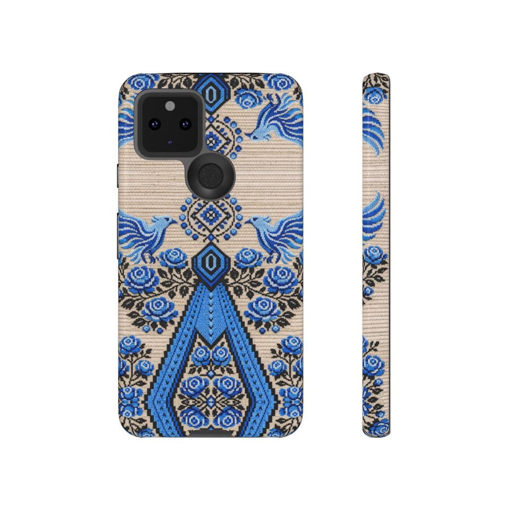 Ukrainian Phone Case  Blue Black Berehynia Design, Falcons & Roses Folk Art, Slavic Embroidery Style Protective Cover