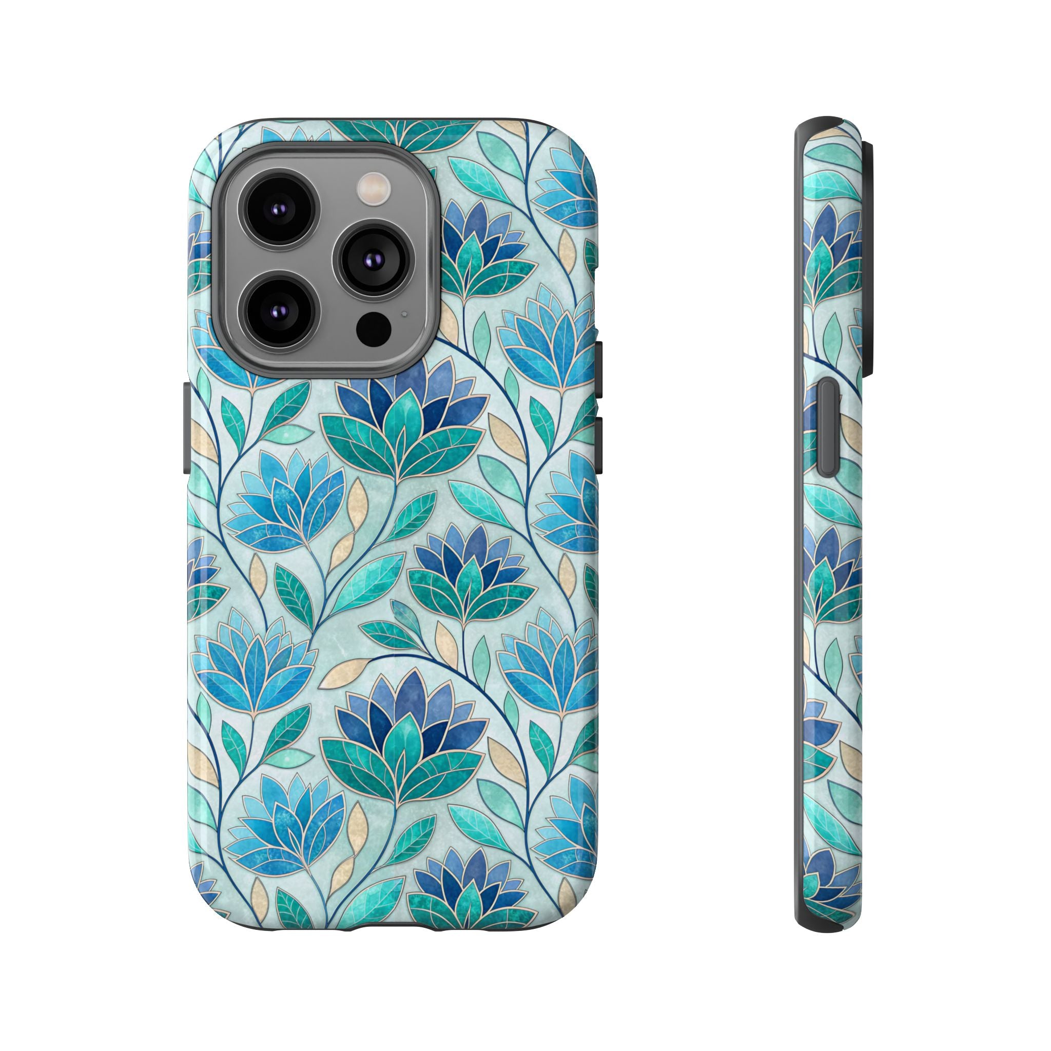 Mosaic iPhone Case, Stained Glass Floral Phone Cover, Teal Blue Protective Case, Matte Glossy Options, Artistic Mosaic Pattern