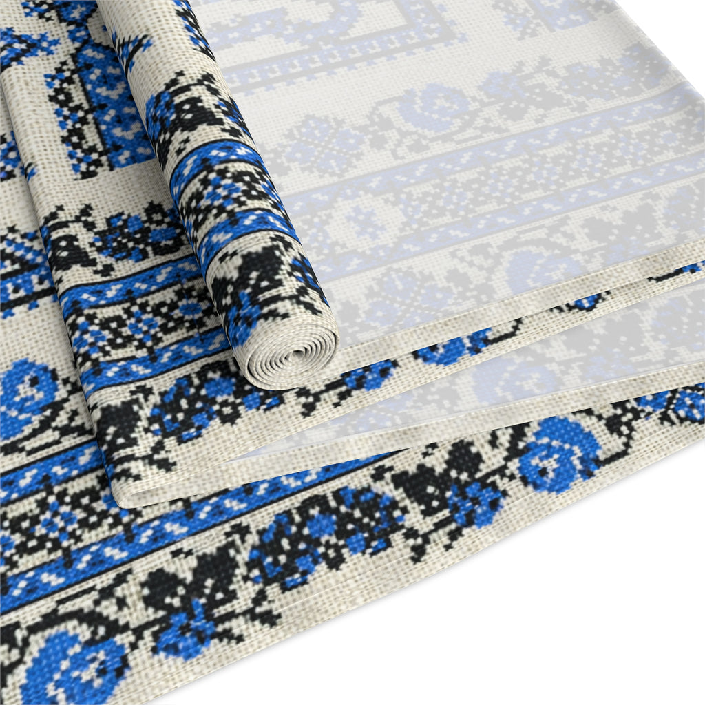 Ukrainian Trident Blue Table Runner | Tryzub Folk Decor | Cotton or Polyester