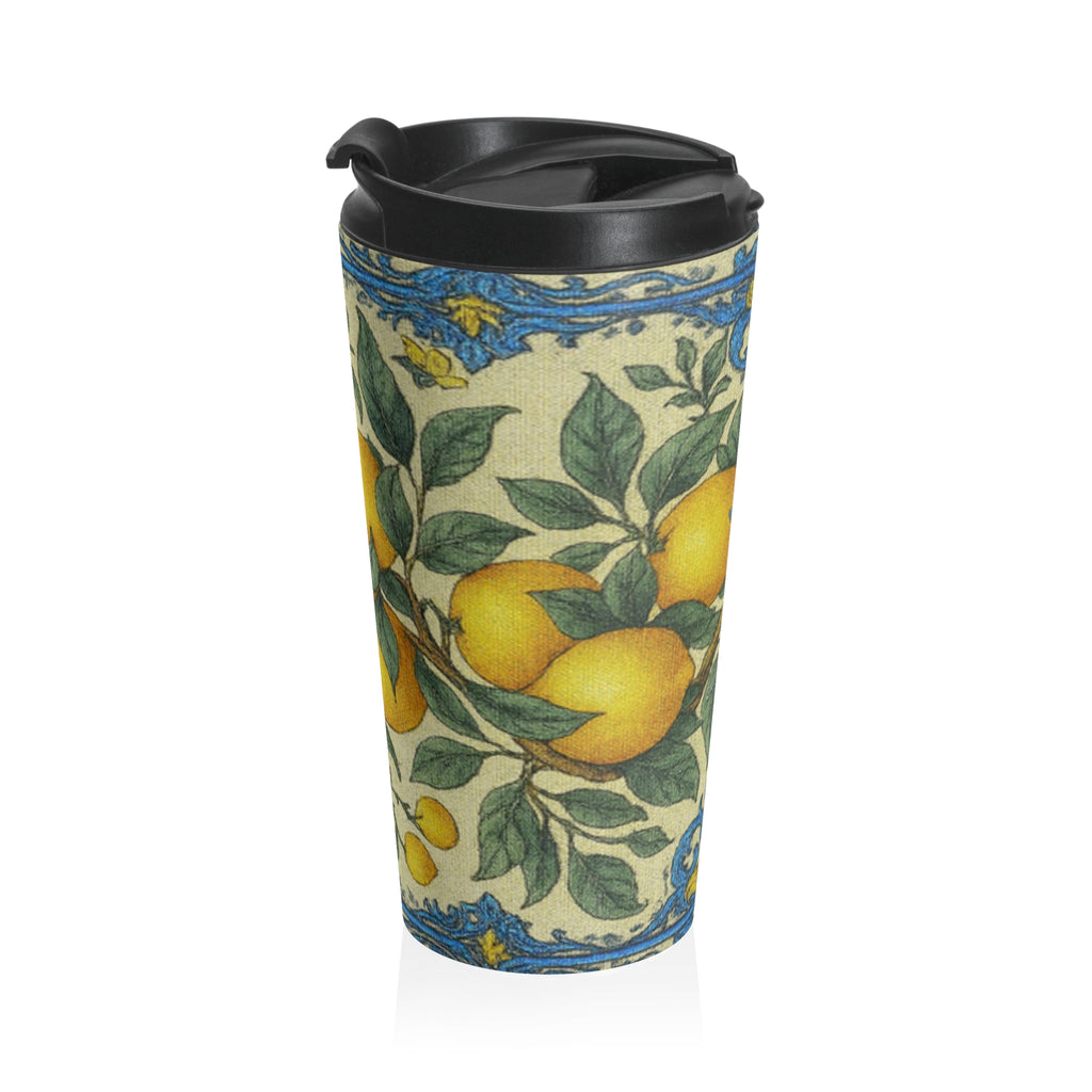 A stainless steel travel mug with a vintage lemon and blue tile botanical pattern, featuring a black leak-proof lid, isolated on a white background.