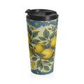 A stainless steel travel mug with a vintage lemon and blue tile botanical pattern, featuring a black leak-proof lid, isolated on a white background.