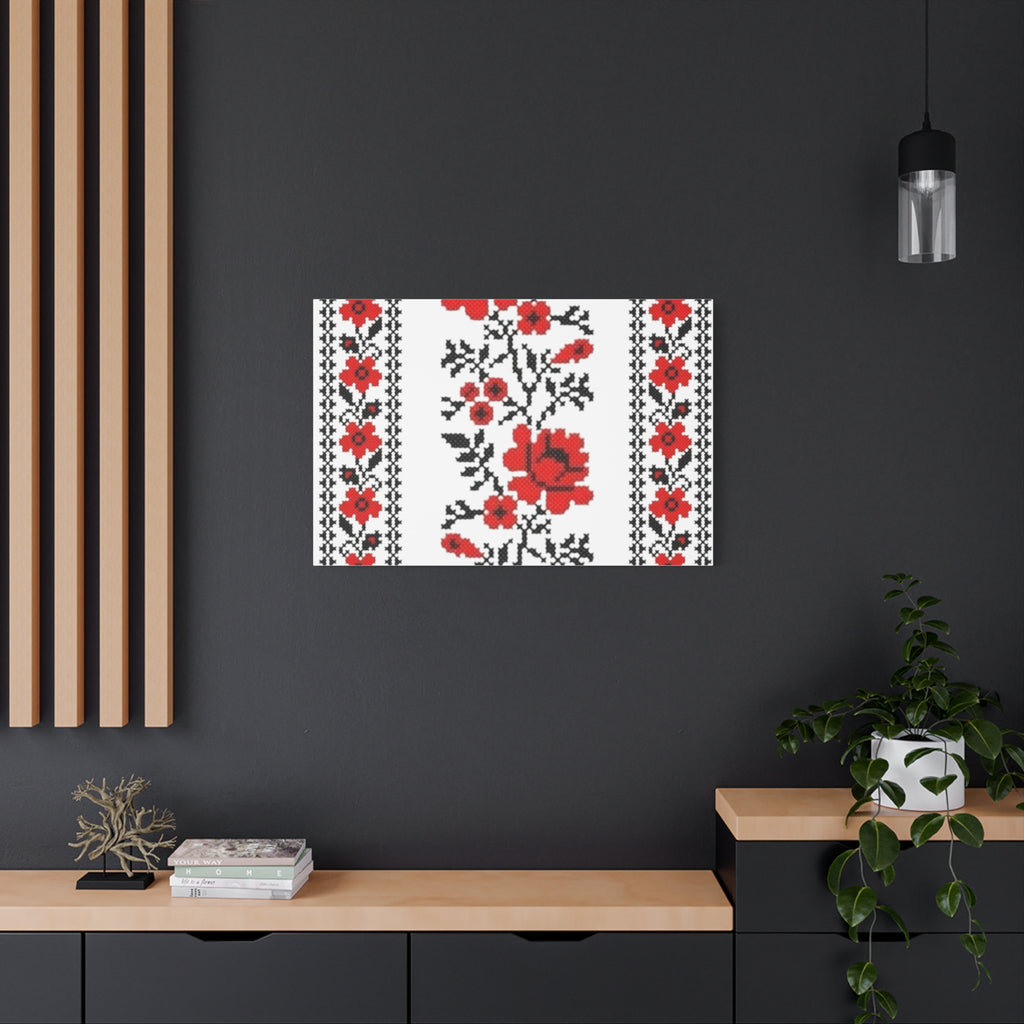 Ukrainian Embroidery Wall Art, Red Black Folk Floral Pattern, Traditional Slavic Home Decor Canvas for Living Room or Entryway, Matte Print, Stretched 1.25" Ready to Hang