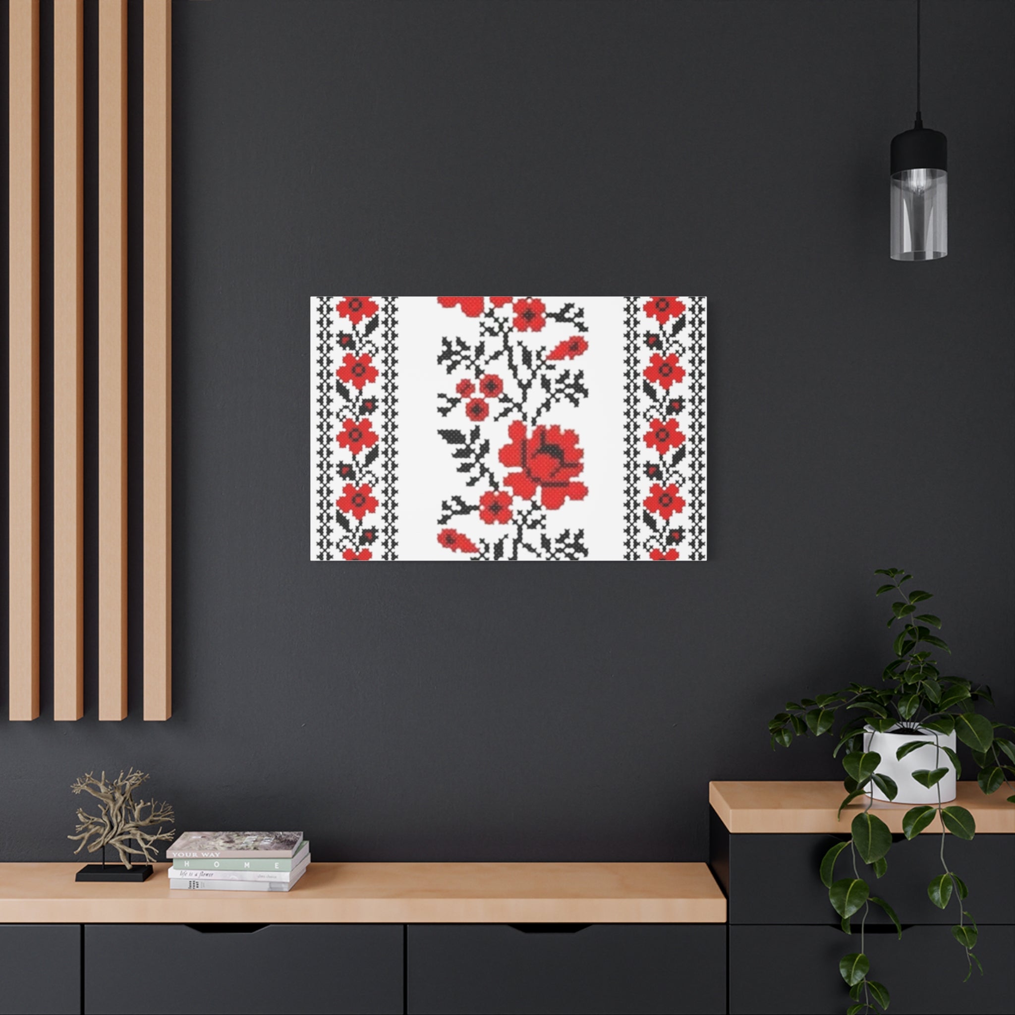 Ukrainian Embroidery Wall Art, Red Black Folk Floral Pattern, Traditional Slavic Home Decor Canvas for Living Room or Entryway, Matte Print, Stretched 1.25" Ready to Hang