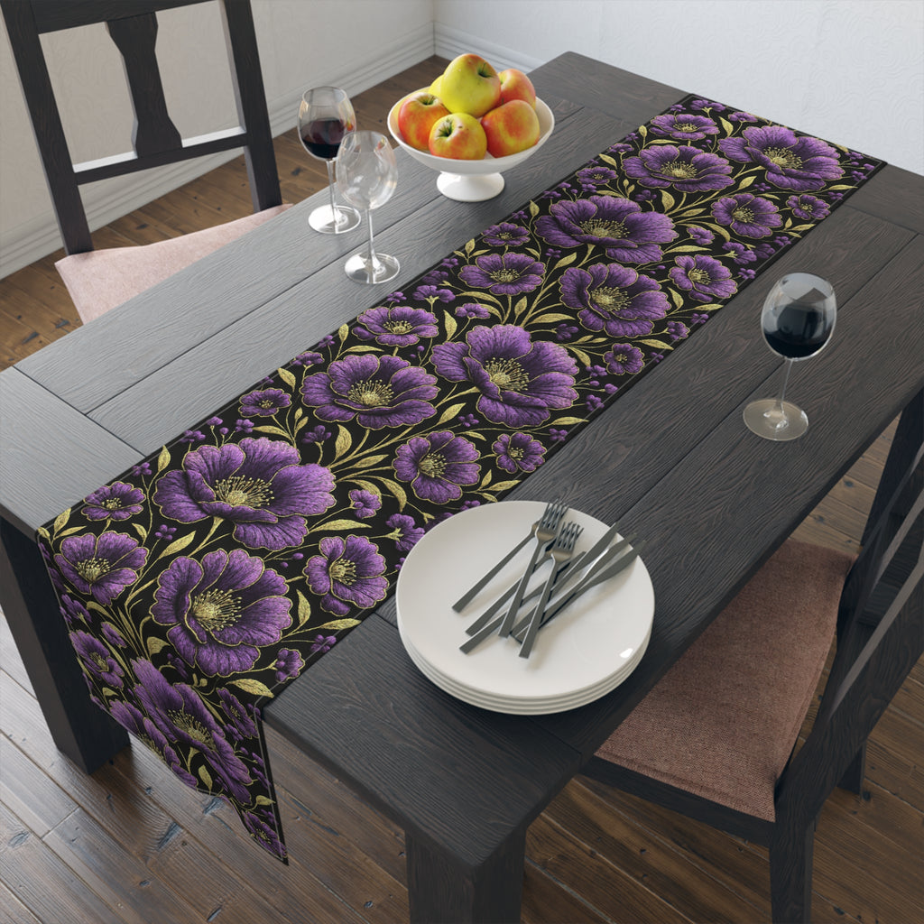 Petrykivka Bloom Table Runner | Purple Poppy Floral Table Runner | Moody Gold Embroidered Look Table Decor