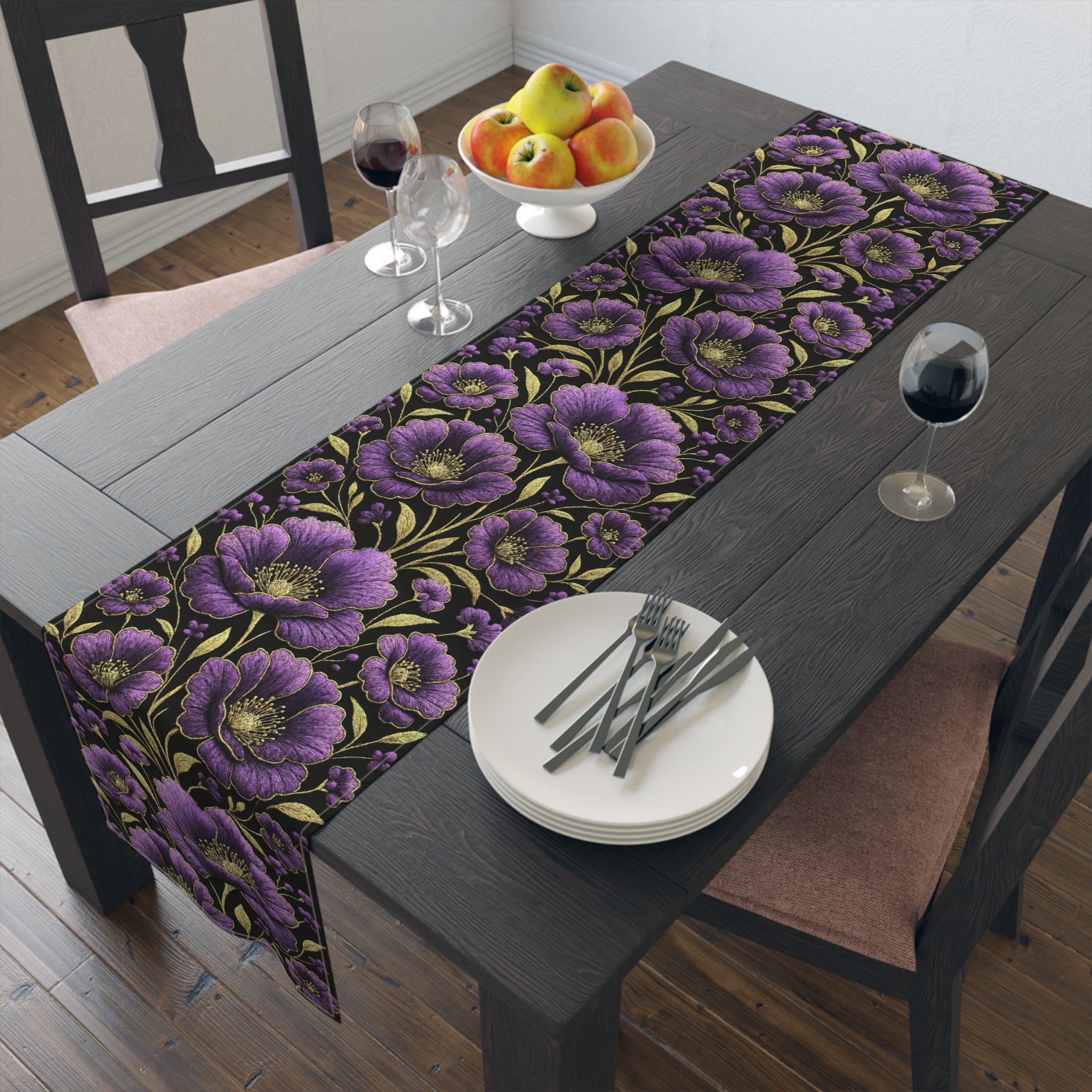 Petrykivka Bloom Table Runner | Purple Poppy Floral Table Runner | Moody Gold Embroidered Look Table Decor