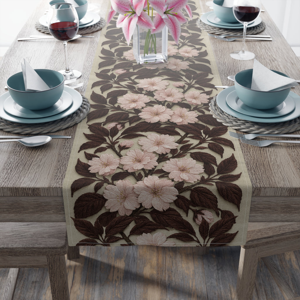 Sakura Noir Table Runner — Pink Cherry Blossom Floral Vine | Cotton & Polyester