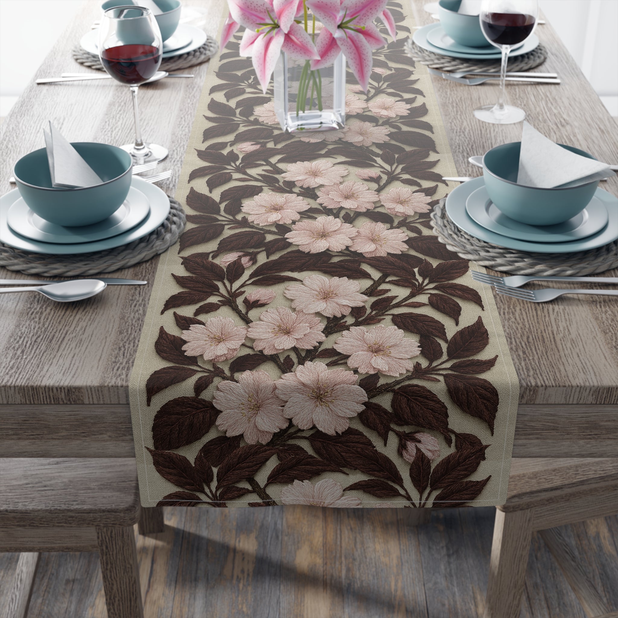 Sakura Noir Table Runner — Pink Cherry Blossom Floral Vine | Cotton & Polyester