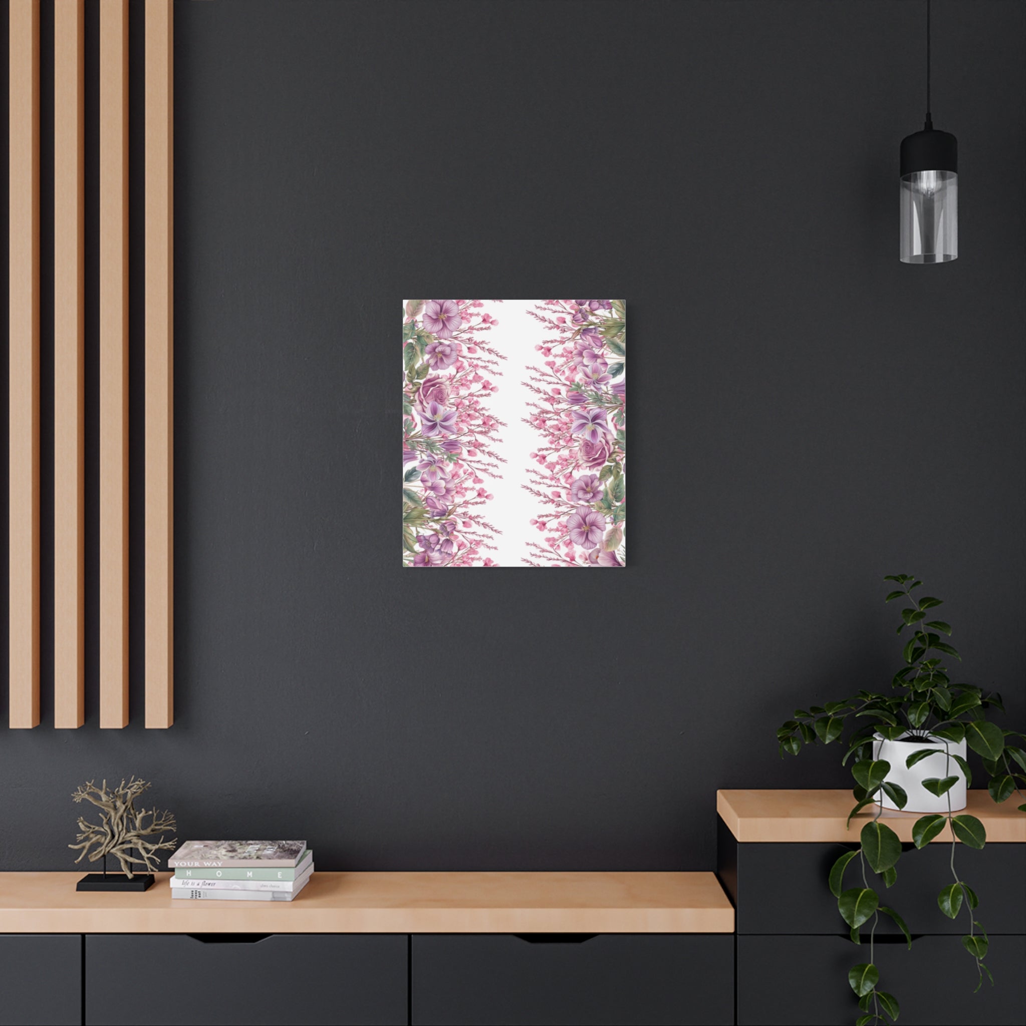 Floral Matte Canvas Wall Art, Pink Purple Botanical Print, Modern Symmetrical Flower Design, Stretched 1.25" Canvas Home Decor