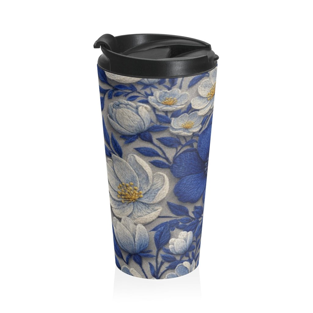 Denim Soul Indigo Floral Travel Mug – 15oz Insulated Stainless Steel Coffee Tumbler
