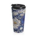 Denim Soul Indigo Floral Travel Mug – 15oz Insulated Stainless Steel Coffee Tumbler