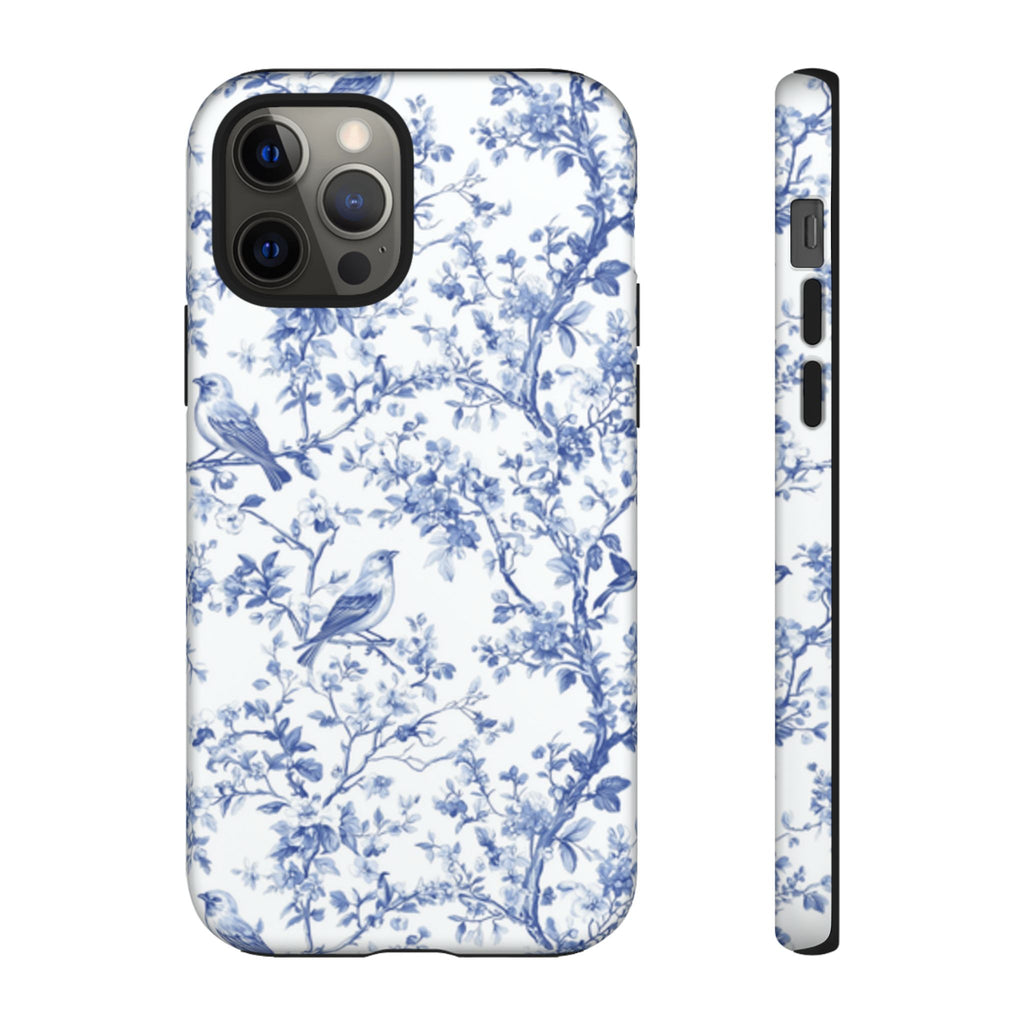 BLUESKYDEZIGN | Blue Floral Vine Phone Case – Toile-Inspired Romantic Watercolor Branch Pattern Tough Cover