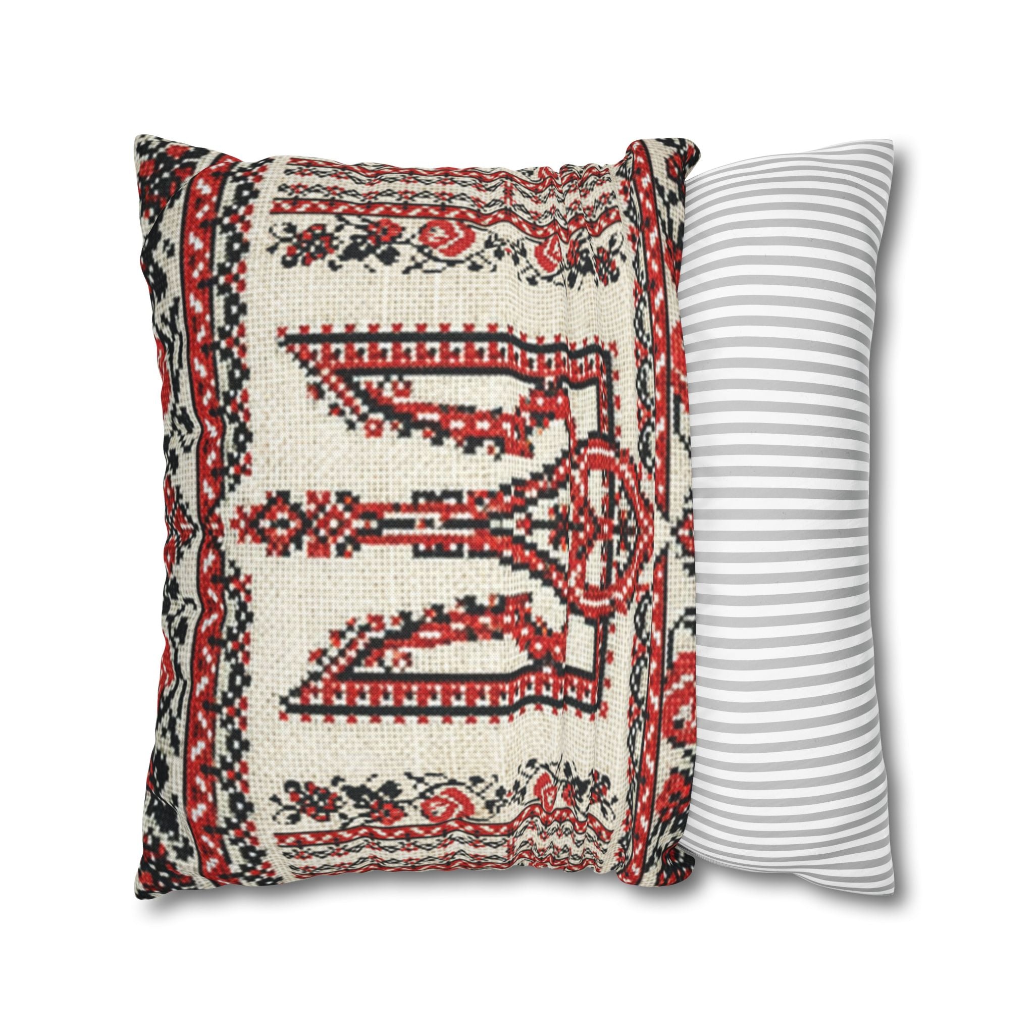 Tryzub Pillowcase, Ukrainian Red Black Embroidery, Folk Art Trident Cushion Cover for Home Decor