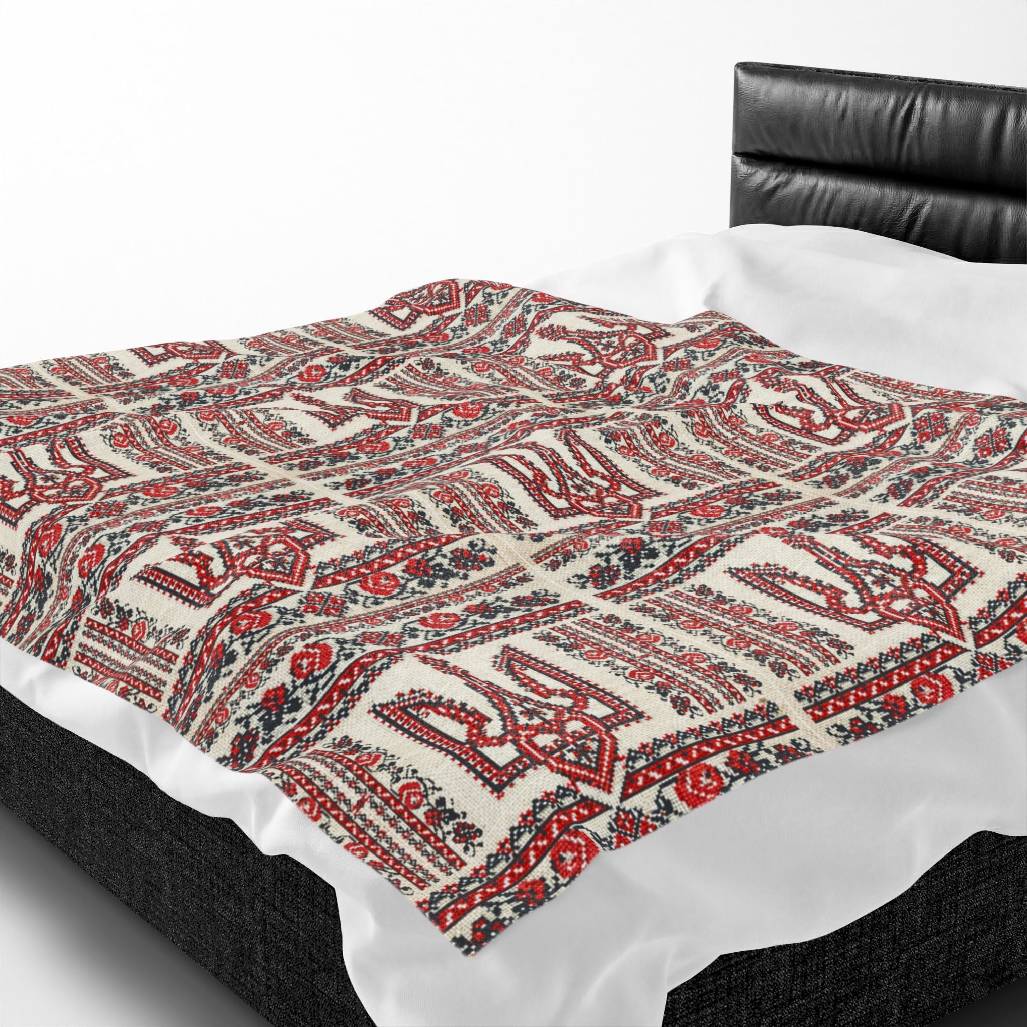 Tryzub Velvet Plush Blanket, Soft Red Black Embroidery Pattern, Ukrainian Folk Art Trident Throw
