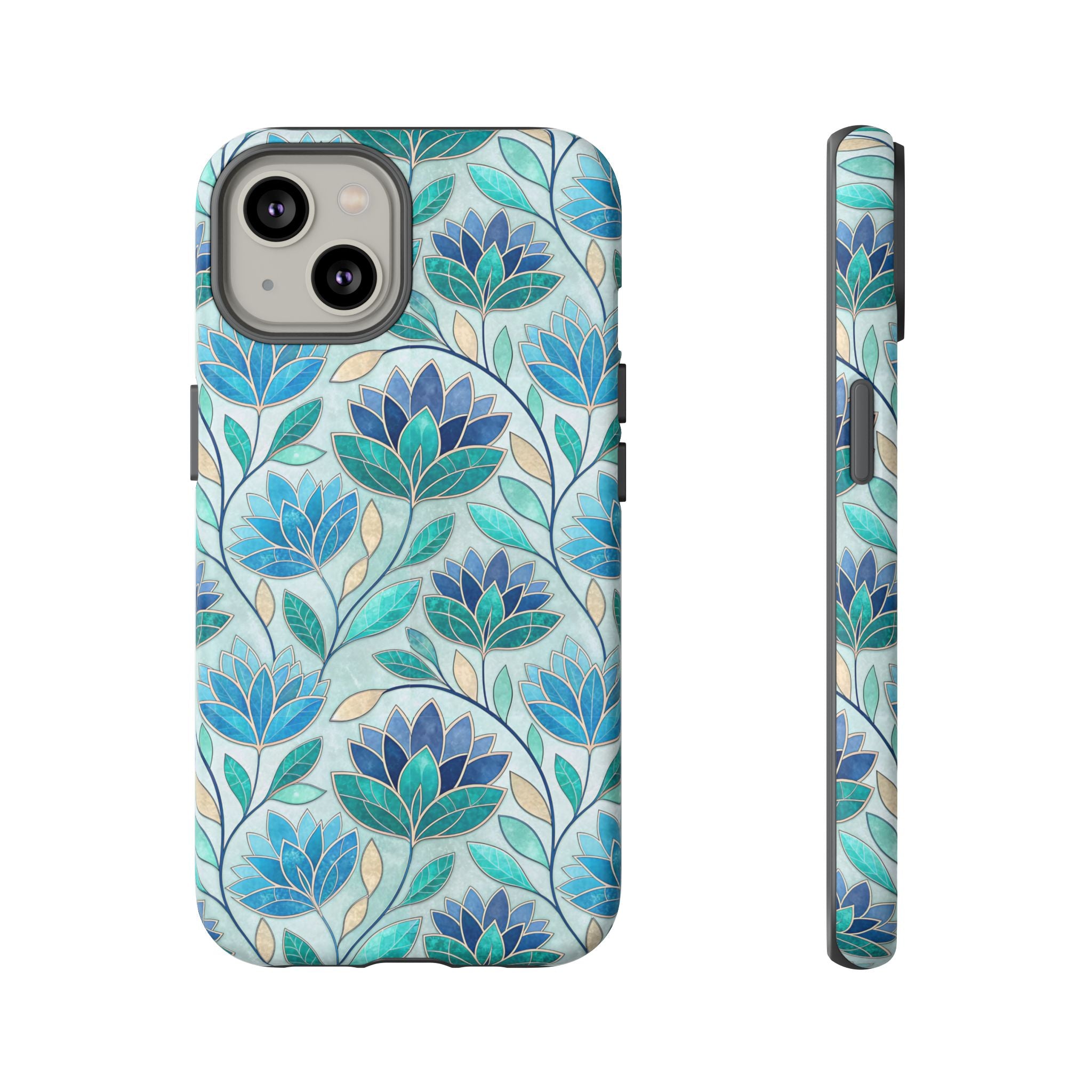 Mosaic iPhone Case, Stained Glass Floral Phone Cover, Teal Blue Protective Case, Matte Glossy Options, Artistic Mosaic Pattern