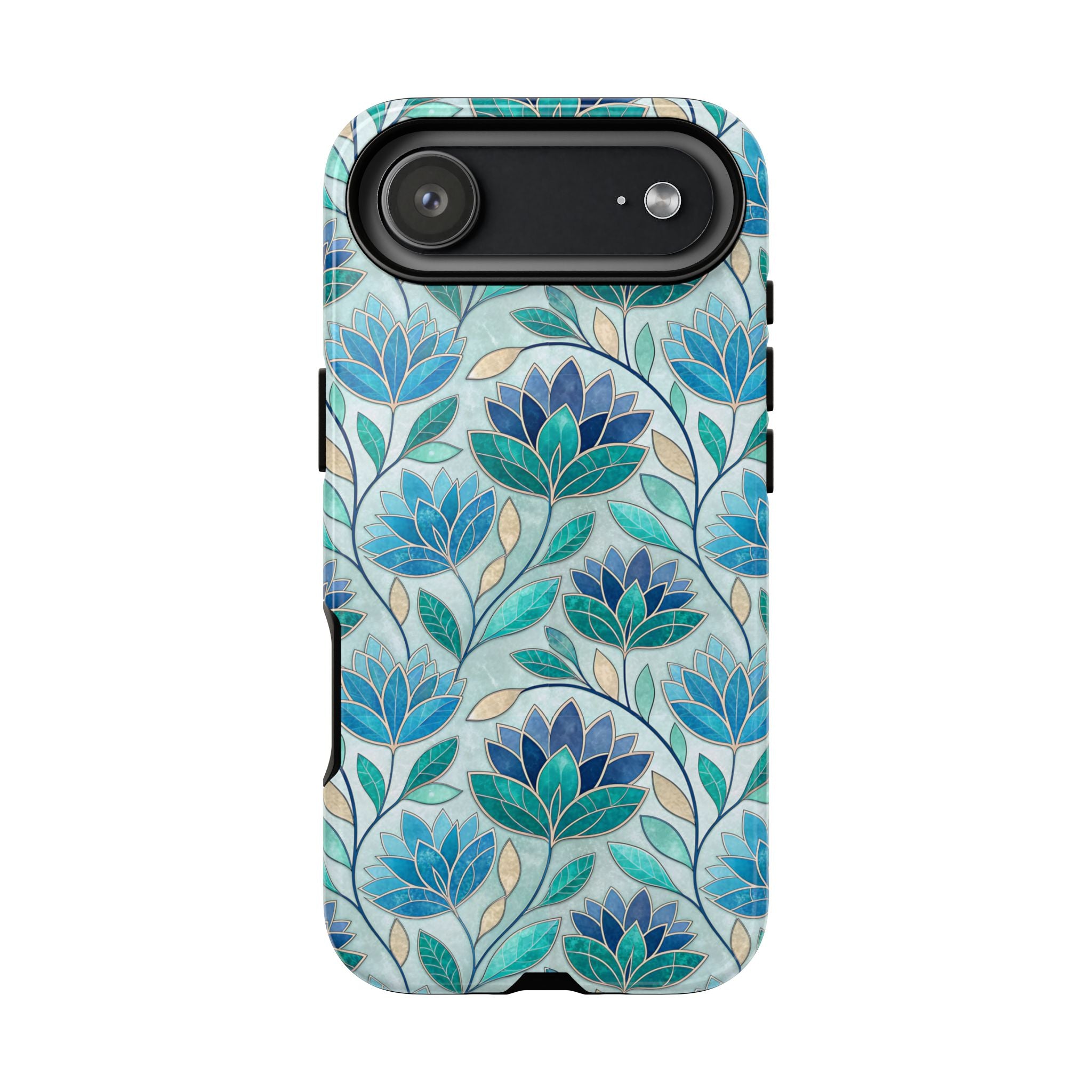 Mosaic iPhone Case, Stained Glass Floral Phone Cover, Teal Blue Protective Case, Matte Glossy Options, Artistic Mosaic Pattern