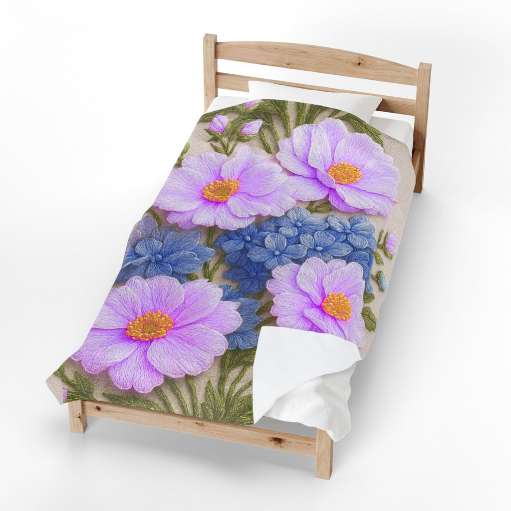 Lavender Cosmos and Blue Hydrangea Velveteen Blanket, Alexandra Bloom Collection, Cozy Floral Throw Blanket, Soft Garden Bedding Gift