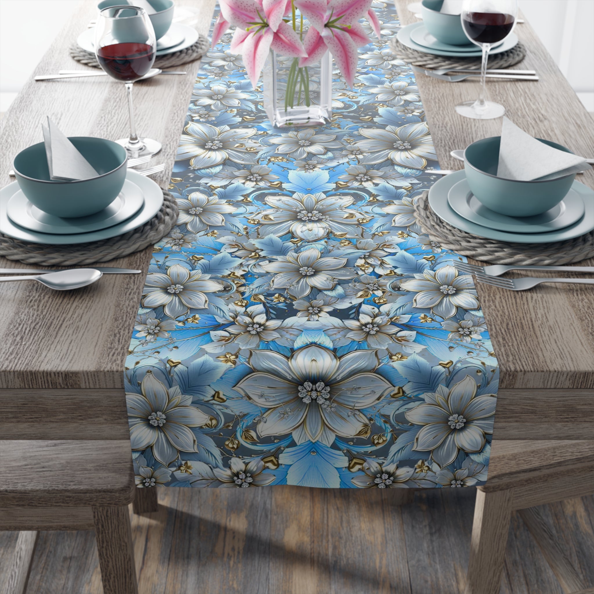 Blue Floral Table Runner – Vintage Botanical Farmhouse Decor, Cotton Twill or Polyester, 72" & 90"