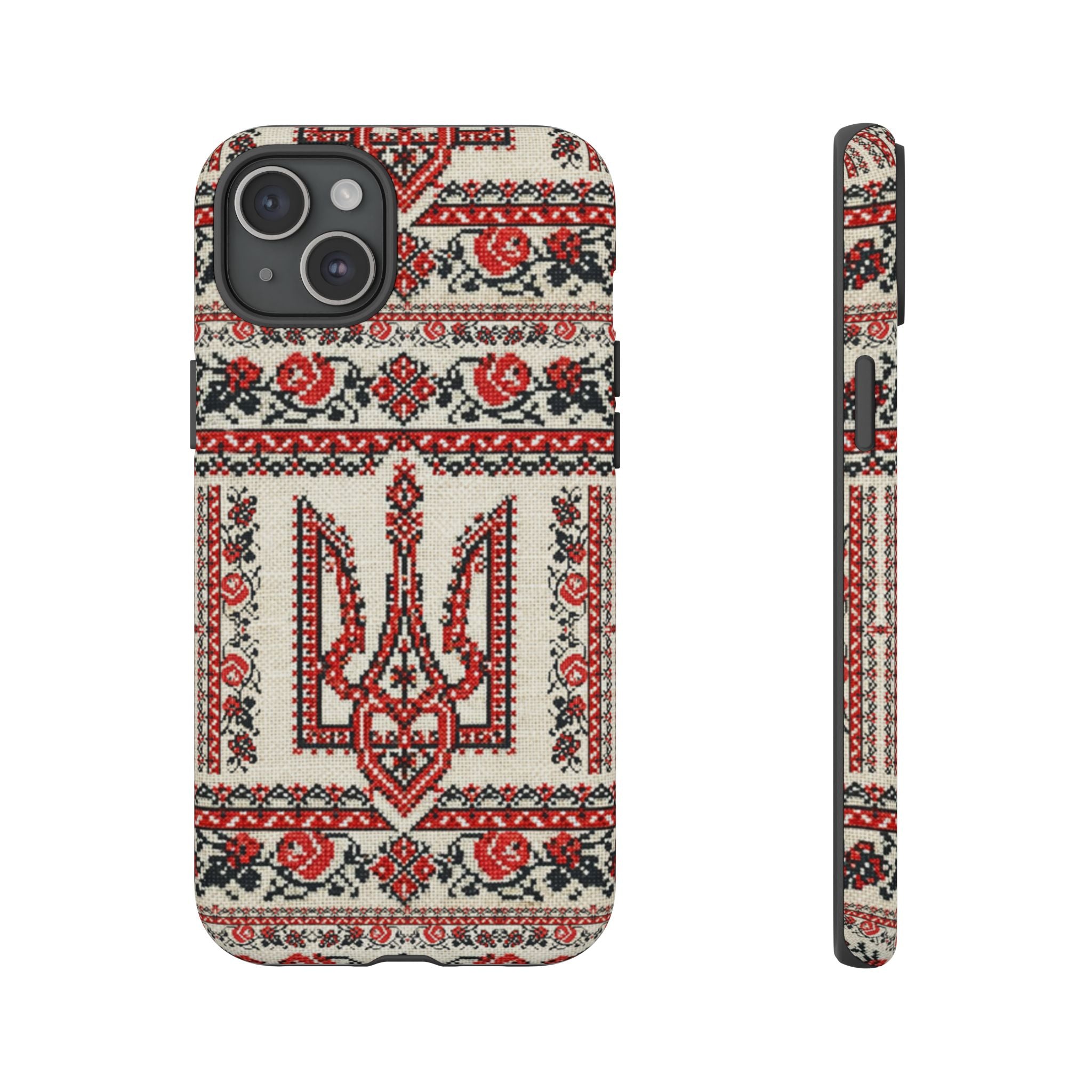 Ukrainian Trident Embroidery Phone Case • Red Black Trident Pattern • Protective Folk Art Cover for iPhone & Samsung
