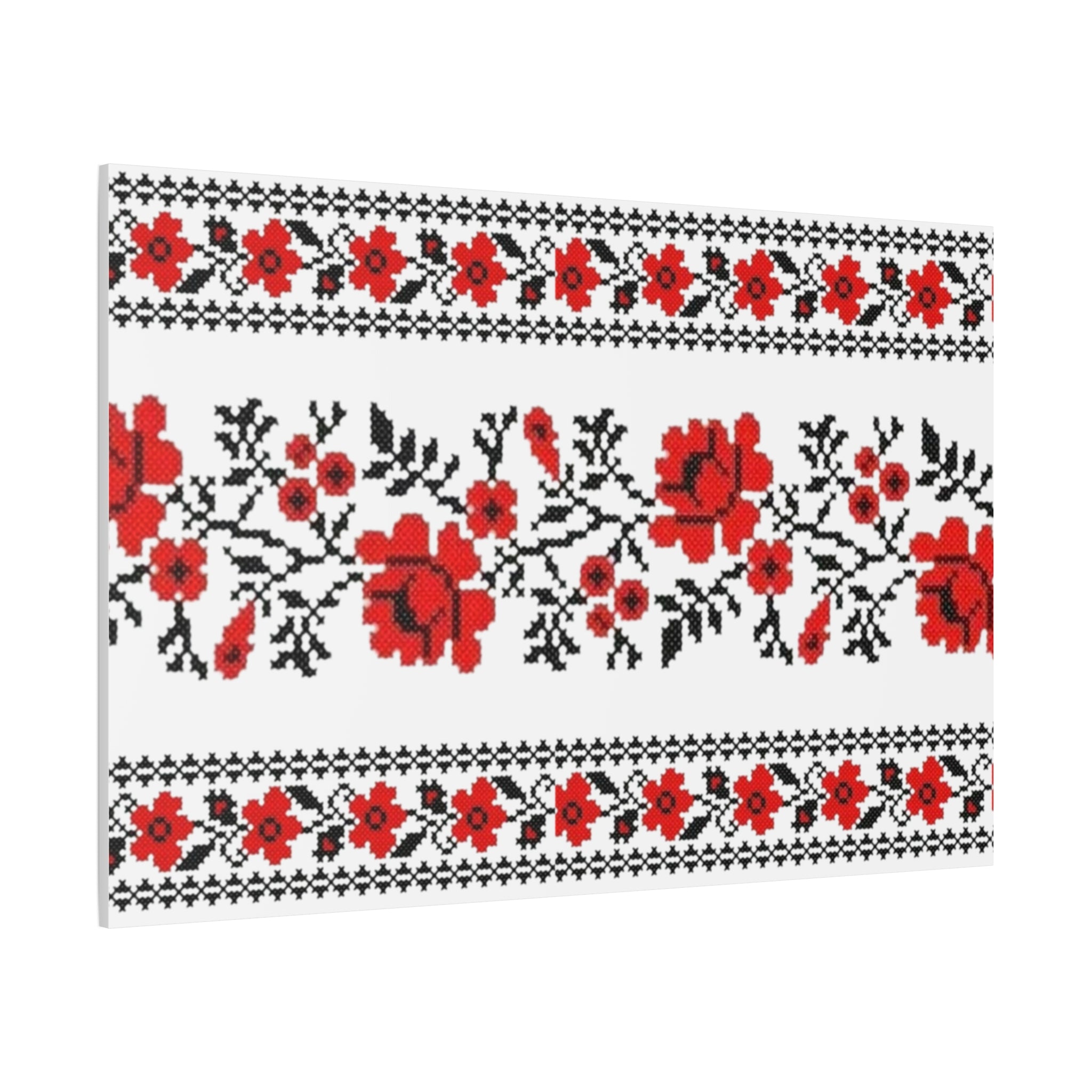 Ukrainian Embroidery Wall Art, Red Black Folk Floral Pattern, Traditional Slavic Home Decor Canvas for Living Room or Entryway, Matte Print, Stretched 1.25" Ready to Hang