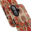 Ukrainian embroidery phone case with red and black Berehynia folk pattern — traditional floral and geometric Slavic motifs, dual-layer shockproof iPhone cover in glossy or matte finish

