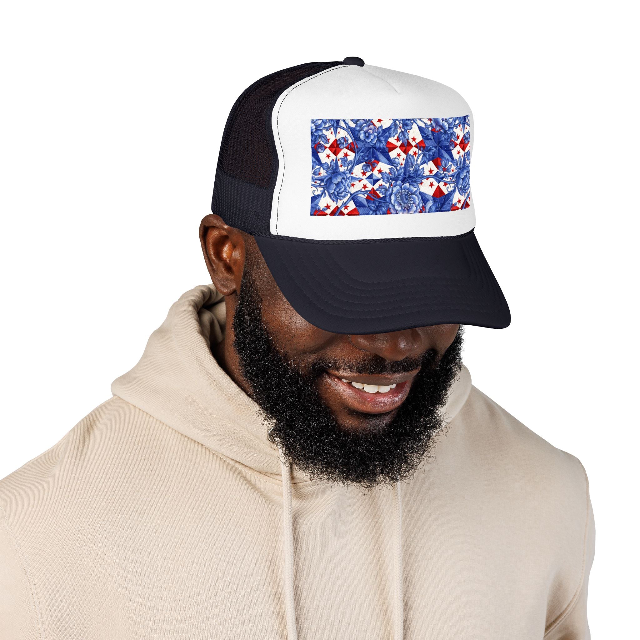 America 250th Anniversary Trucker Hat | Patriotic Toile Floral & Stars | BLUESKYDEZIGN