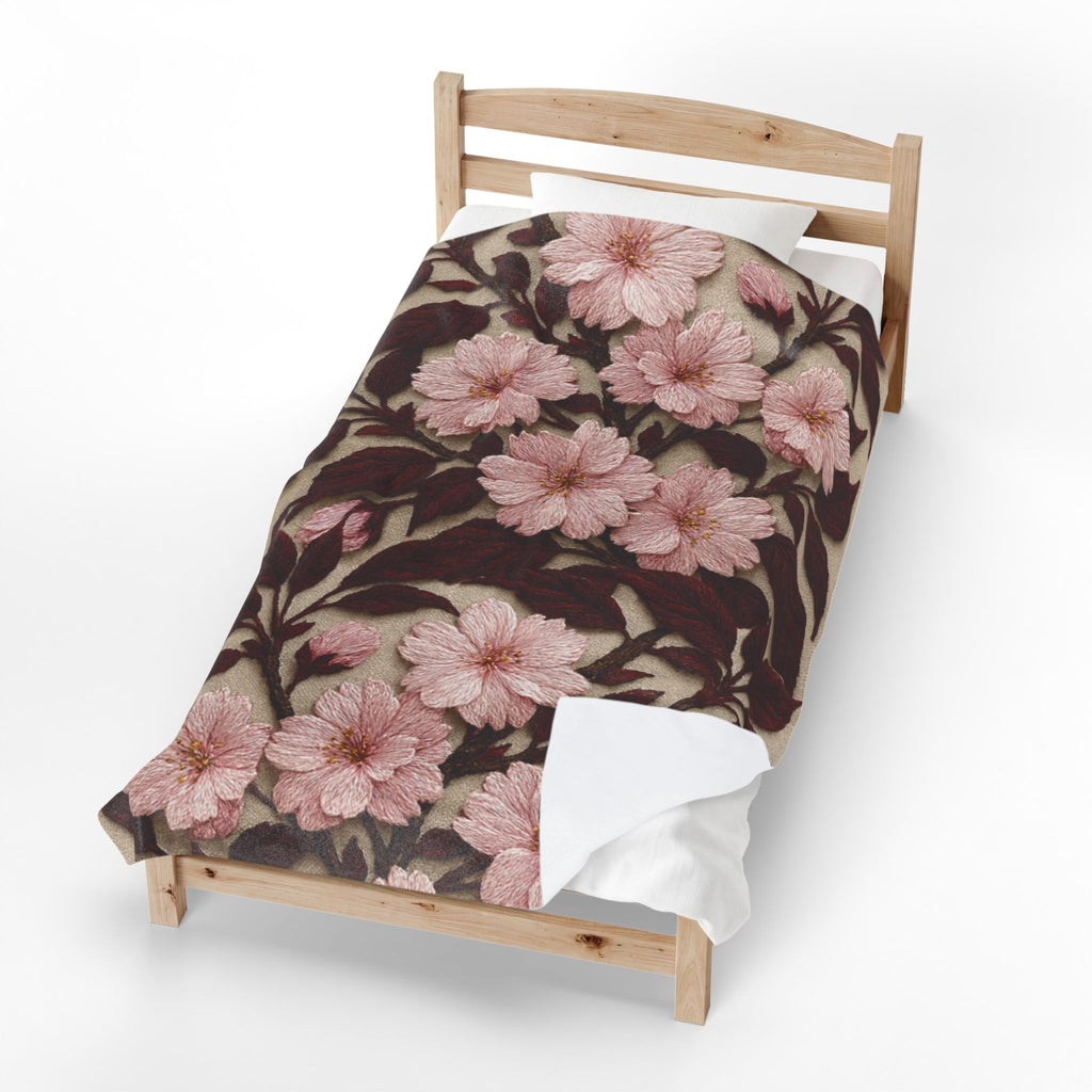 Sakura Noir Plush Blanket — Vintage Pink Floral Velveteen Throw | Botanical Bedding