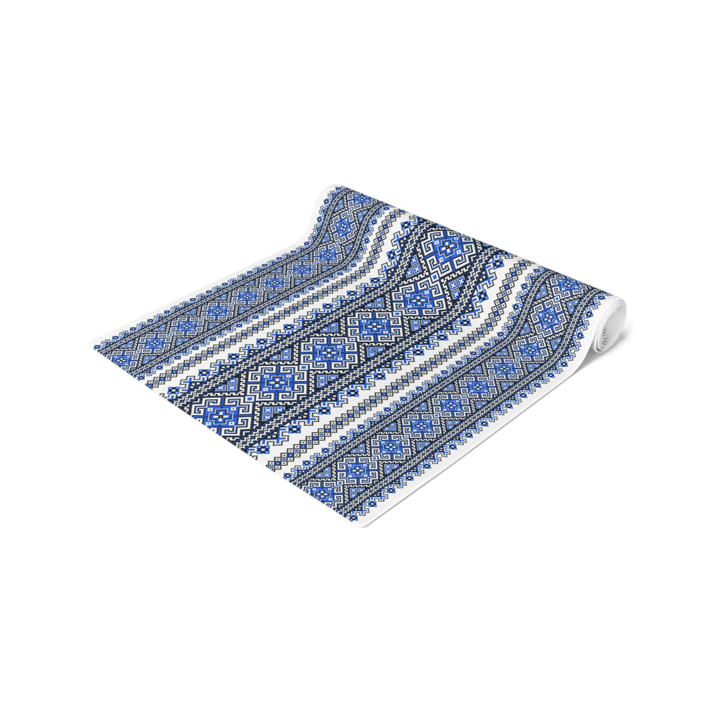 Stasia Blue Table Runner | Ukrainian Folk Embroidery | Indigo Geometric Dining Linen