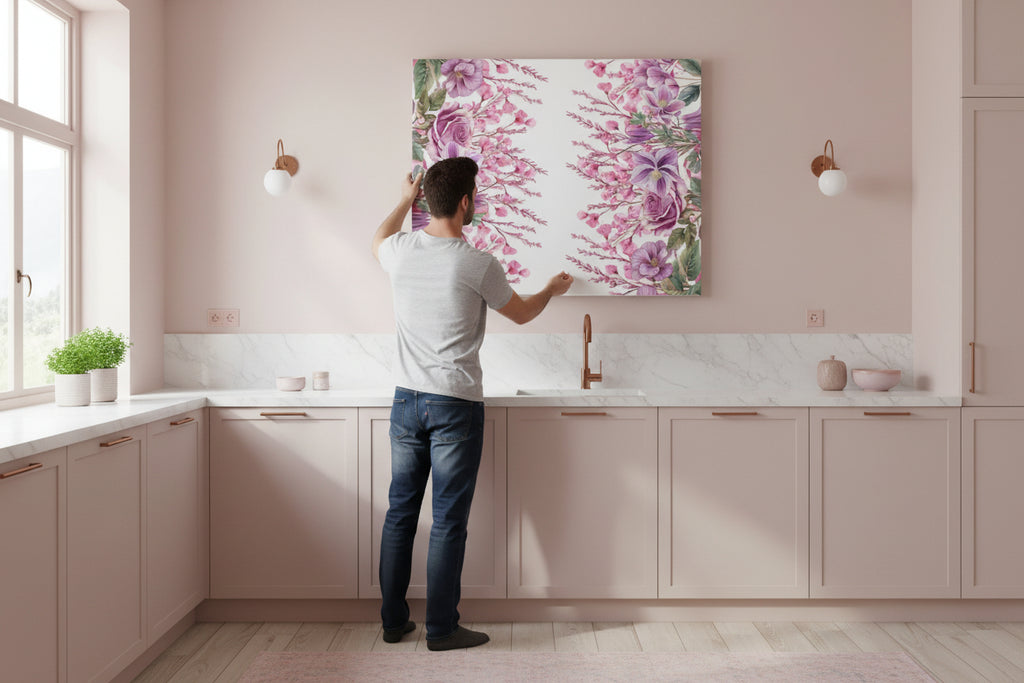 Floral Matte Canvas Wall Art, Pink Purple Botanical Print, Modern Symmetrical Flower Design, Stretched 1.25" Canvas Home Decor