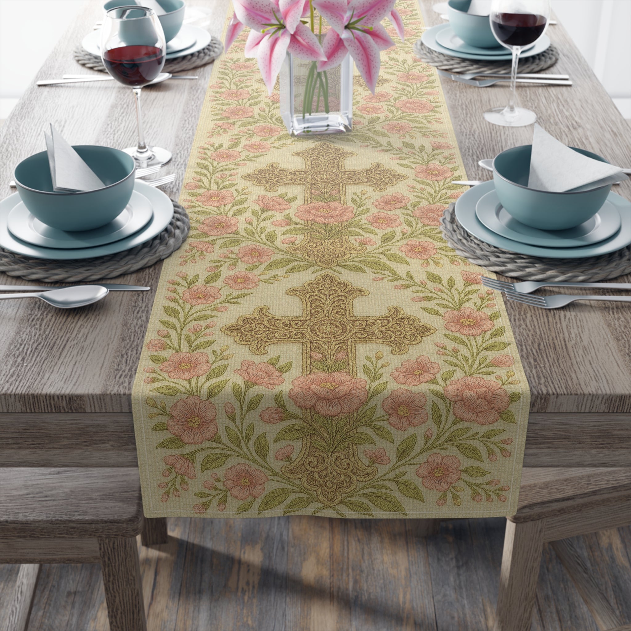 Blessed Home Floral Cross Table Runner | Vintage Rose Easter & Religious Decor | Cotton & Polyester | 2 Sizes