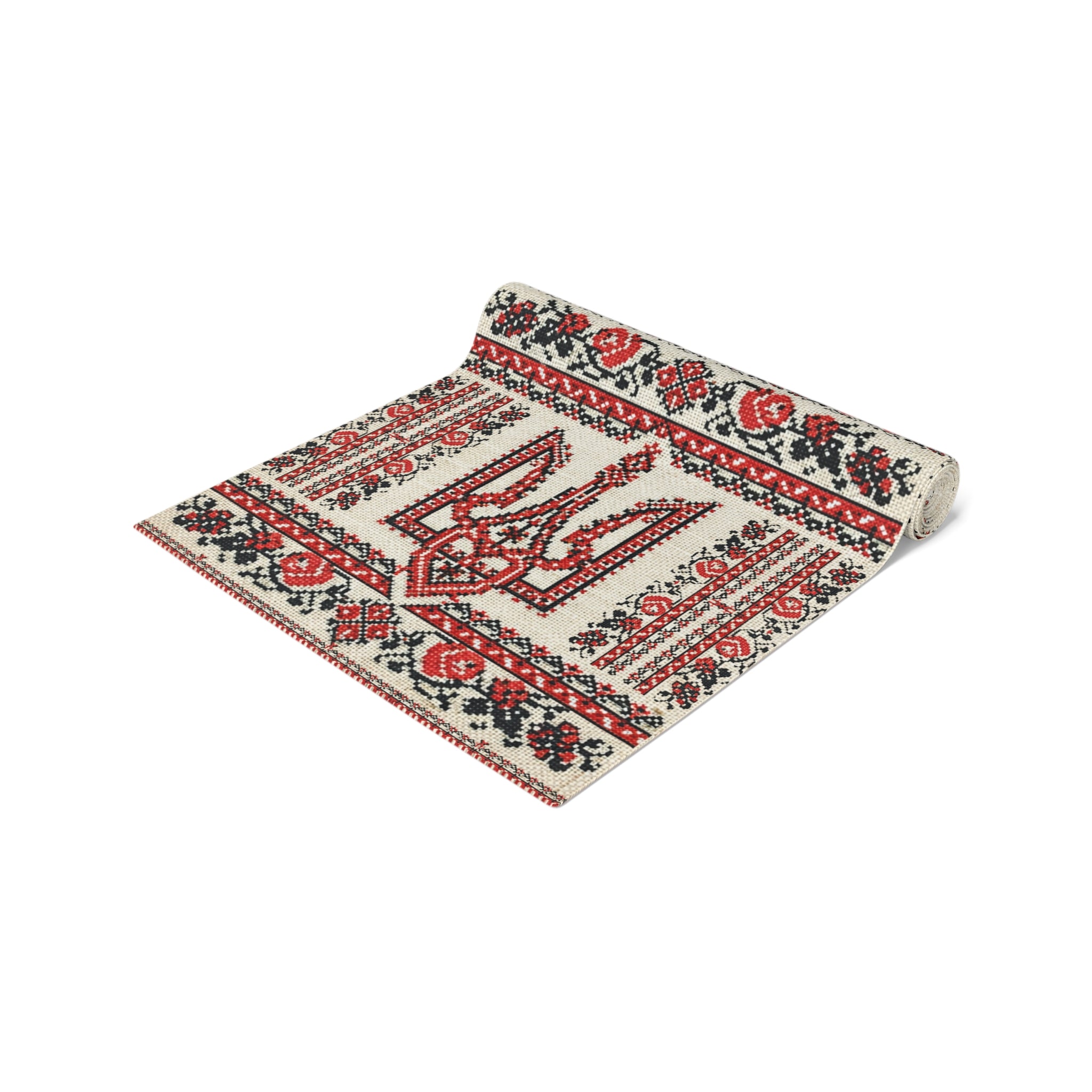 Ukrainian Tryzub Table Runner, Red Black Embroidery Pattern, Linen Style Folk Art Dining Room Decor