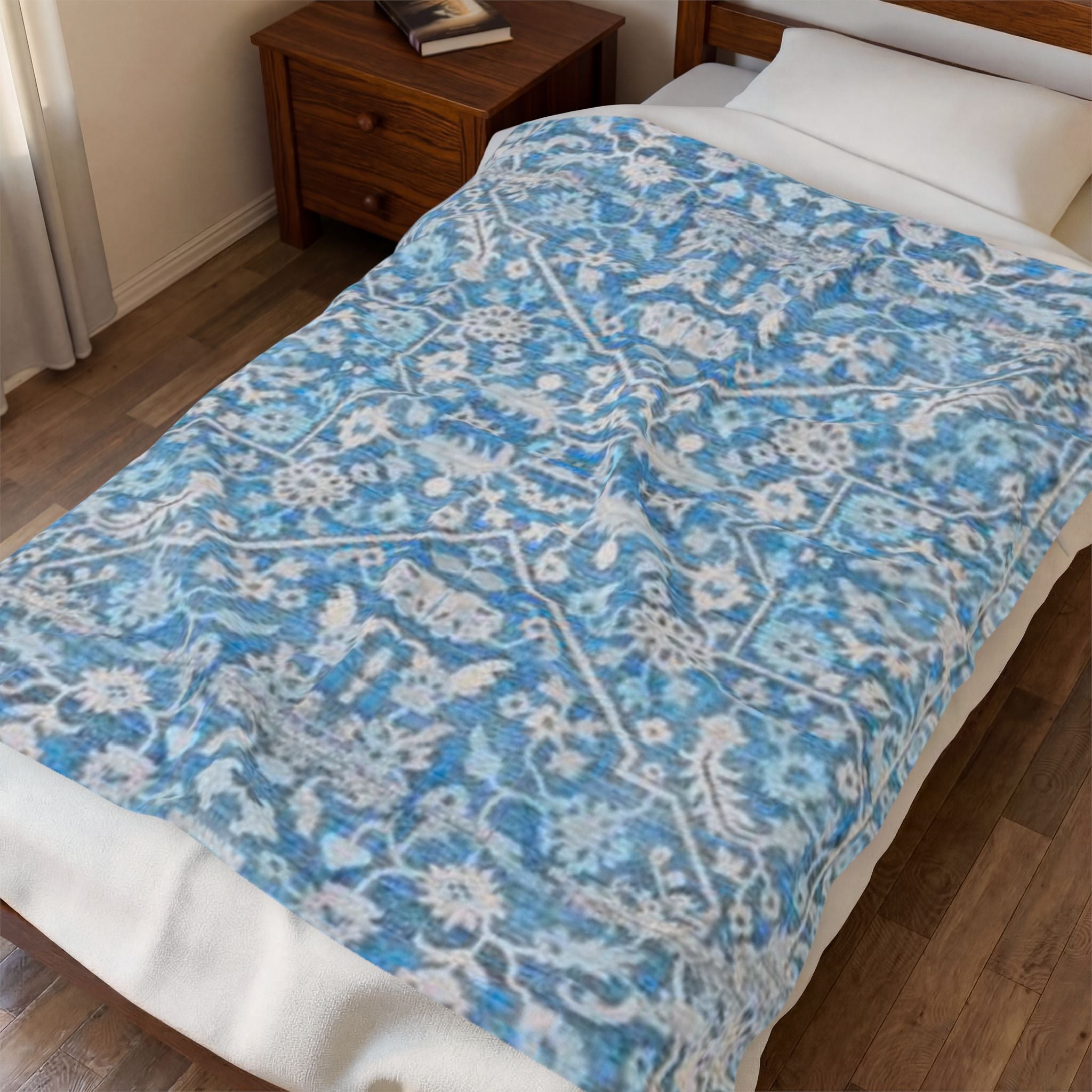 BLUESKYDEZIGN Grandmother's Heritage Velveteen Blanket - Blue Vintage Floral Boho Throw, Modern Rustic
