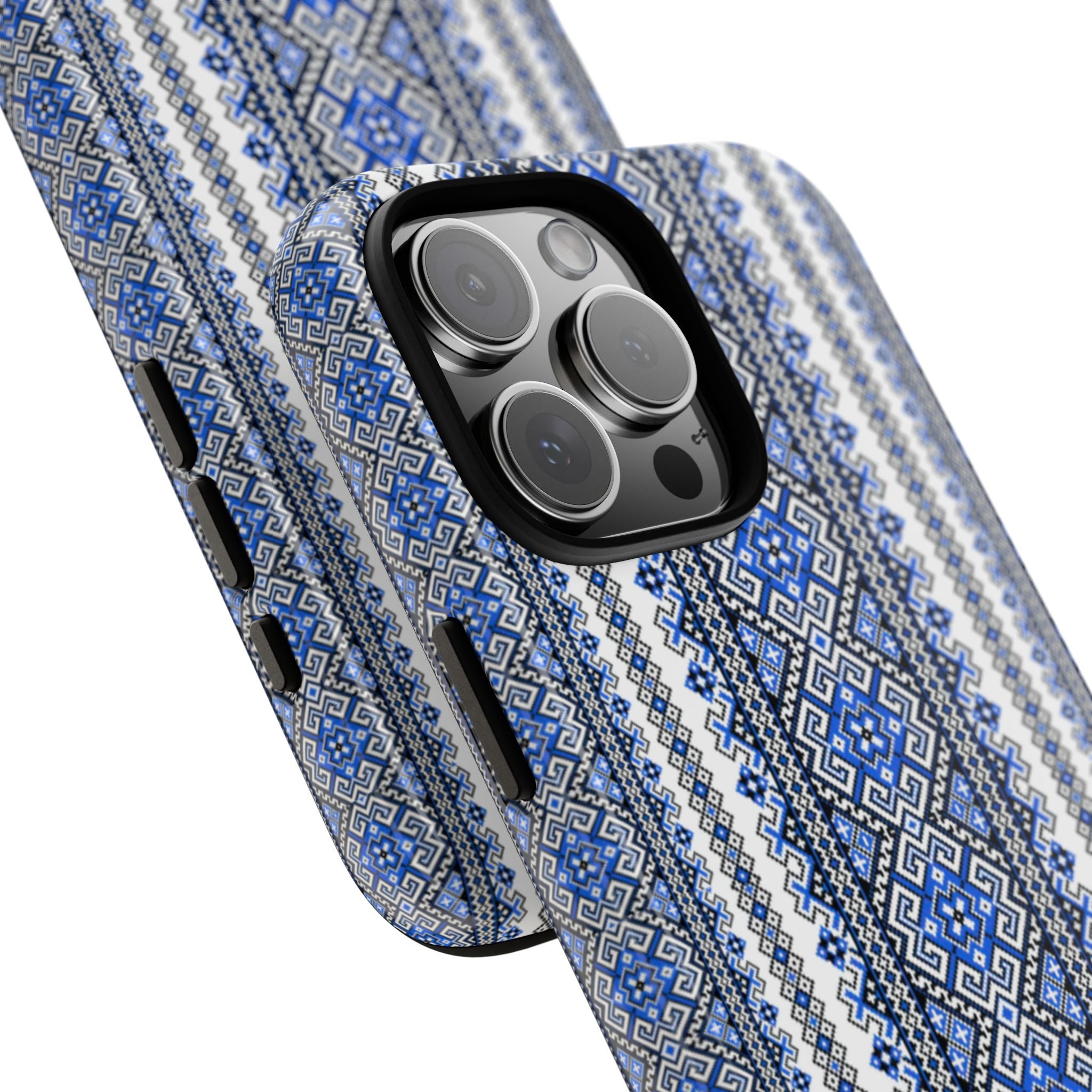 Ukrainian Pattern iPhone Case, Blue Black Geometric Folk Design, Protective Phone Cover, Traditional Ethnic Print