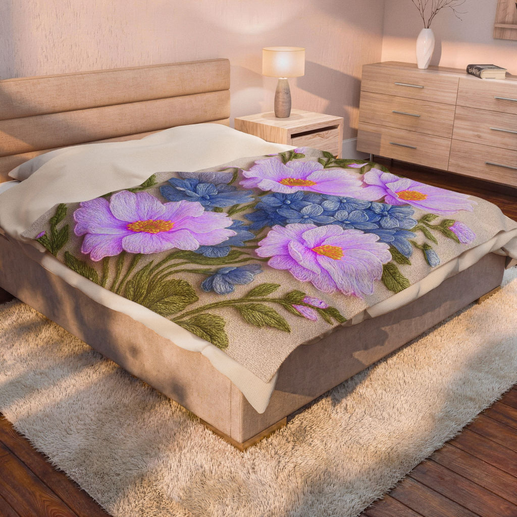 Lavender Cosmos and Blue Hydrangea Velveteen Blanket, Alexandra Bloom Collection, Cozy Floral Throw Blanket, Soft Garden Bedding Gift