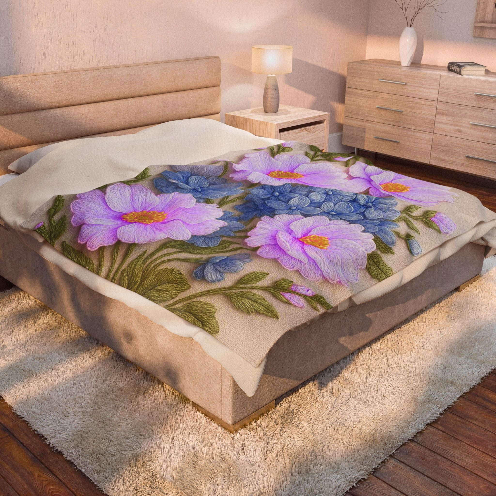 Lavender Cosmos and Blue Hydrangea Velveteen Blanket, Alexandra Bloom Collection, Cozy Floral Throw Blanket, Soft Garden Bedding Gift