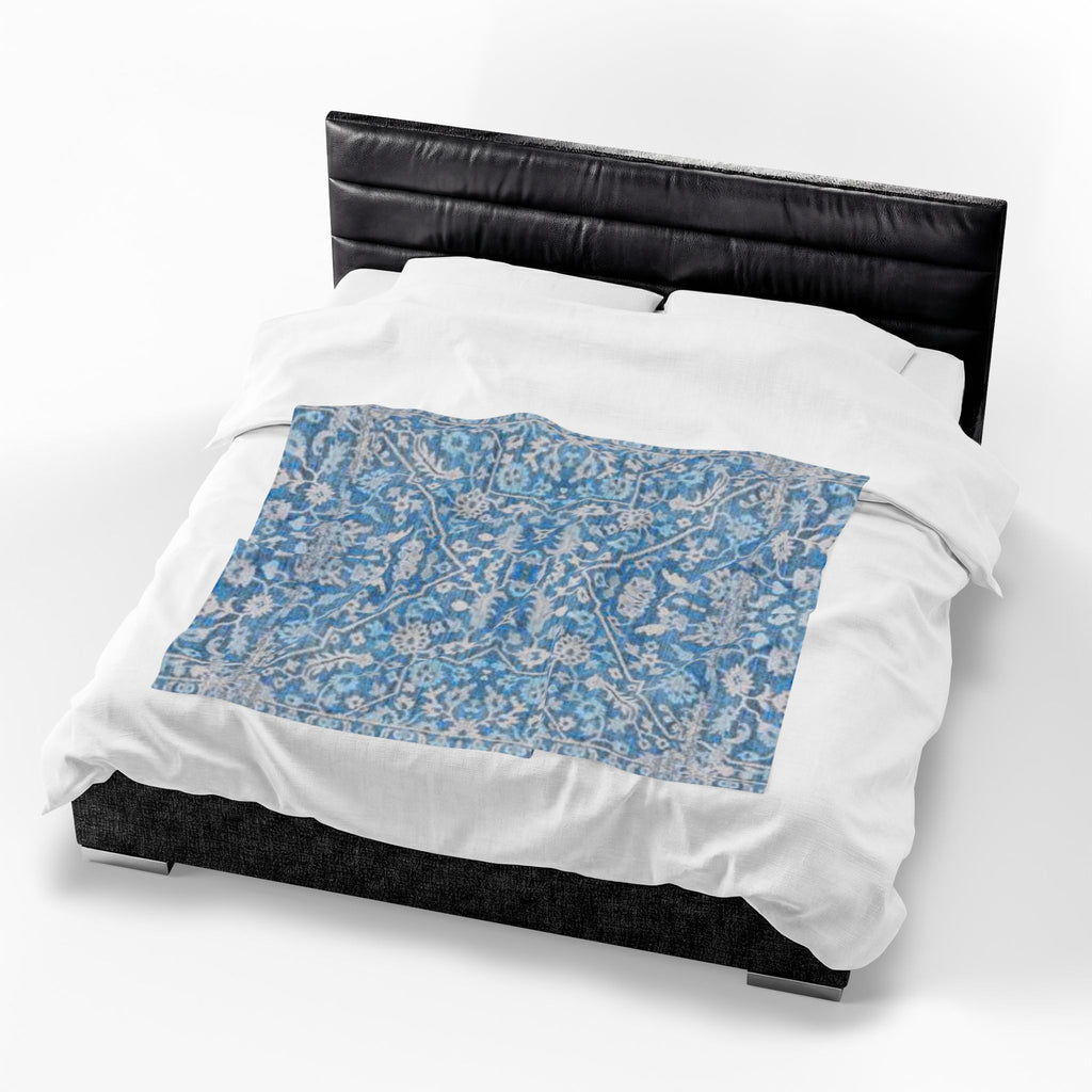 BLUESKYDEZIGN Grandmother's Heritage Velveteen Blanket - Blue Vintage Floral Boho Throw, Modern Rustic