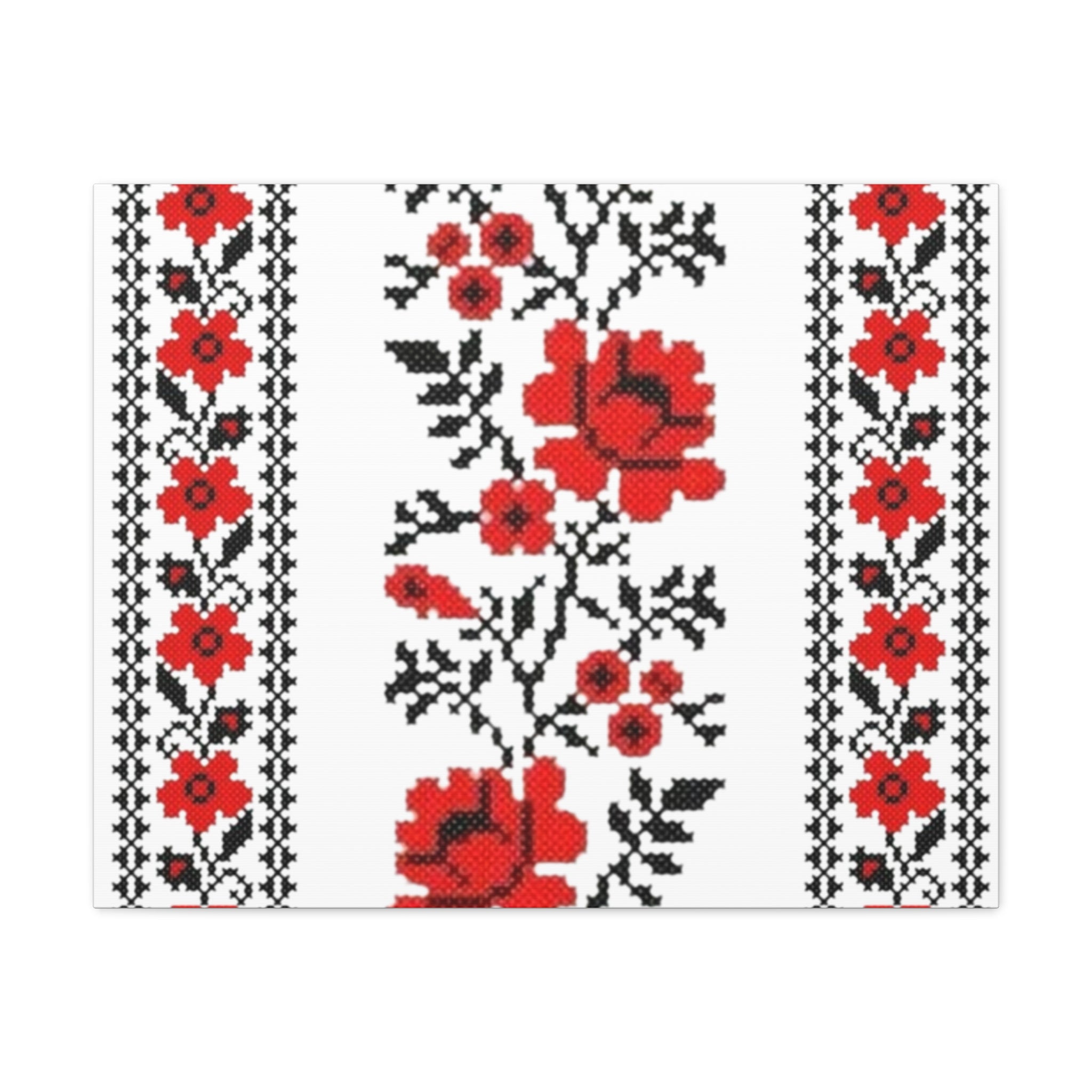 Ukrainian Embroidery Wall Art, Red Black Folk Floral Pattern, Traditional Slavic Home Decor Canvas for Living Room or Entryway, Matte Print, Stretched 1.25" Ready to Hang
