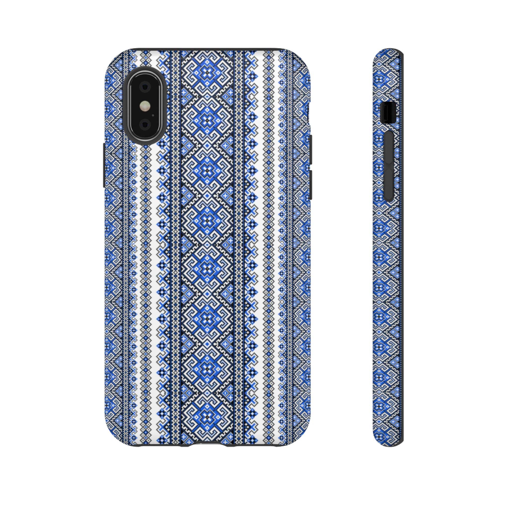 Ukrainian Pattern iPhone Case, Blue Black Geometric Folk Design, Protective Phone Cover, Traditional Ethnic Print