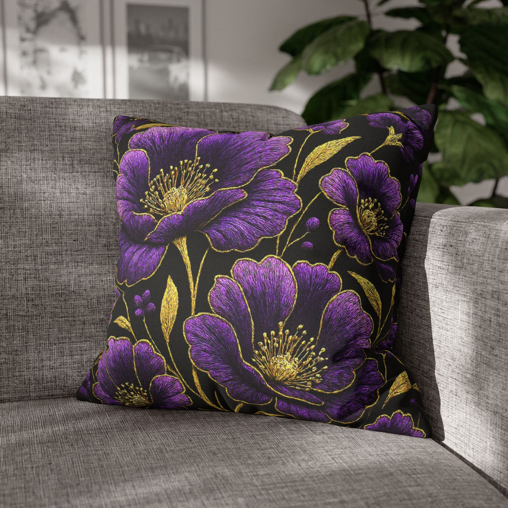 Petrykivka Bloom Pillowcase | Purple Poppy Floral Throw Pillow Cover | Moody Gold Embroidered Look Cushion Case