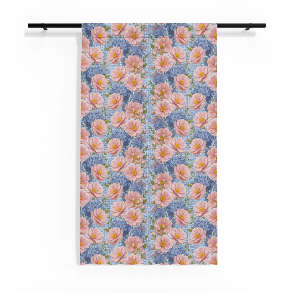 Peach Rose & Blue Botanical Sheer Curtain | Soft Provence Floral Window Panel