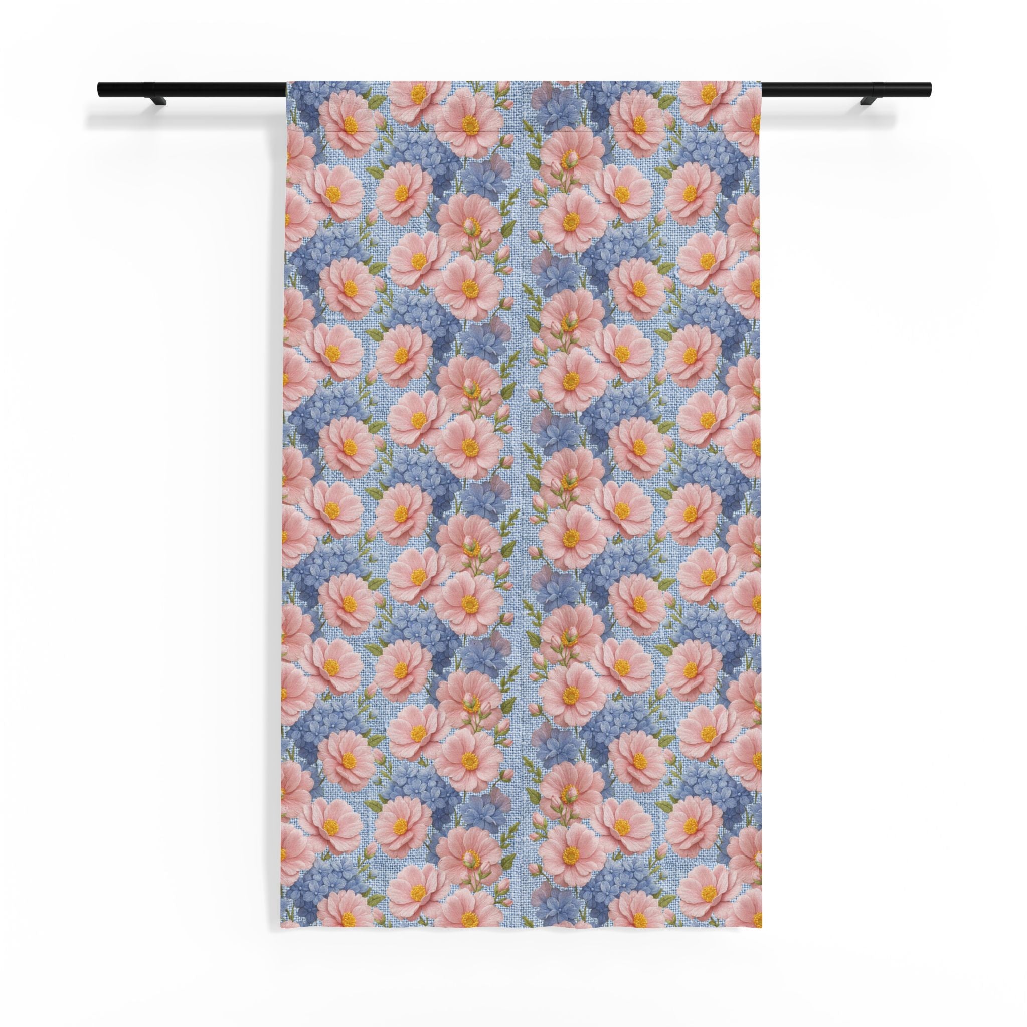 Peach Rose & Blue Botanical Sheer Curtain | Soft Provence Floral Window Panel