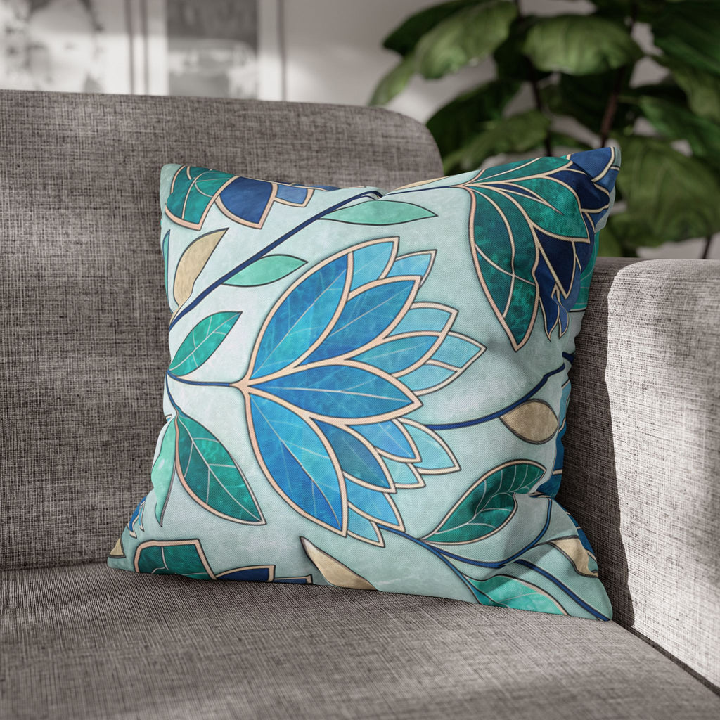 Mosaic Pillowcase 1piece, Stained Glass Style Floral Cushion Covers, Teal Blue Decorative Polyester Throw Pillowcases