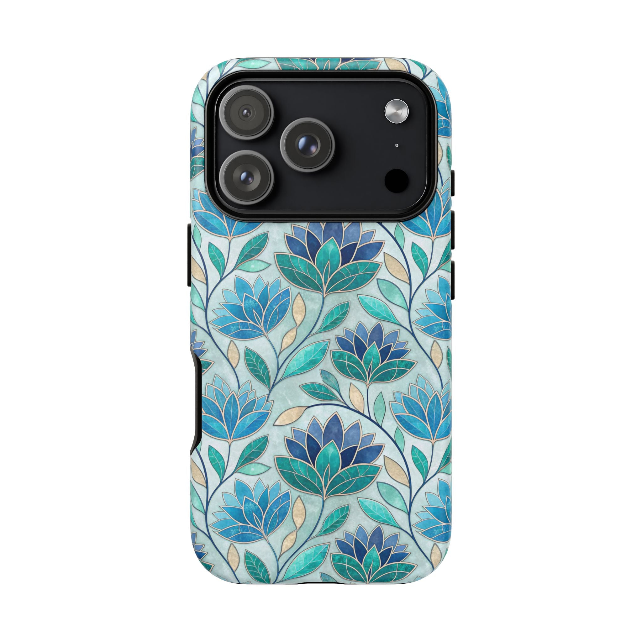 Mosaic iPhone Case, Stained Glass Floral Phone Cover, Teal Blue Protective Case, Matte Glossy Options, Artistic Mosaic Pattern