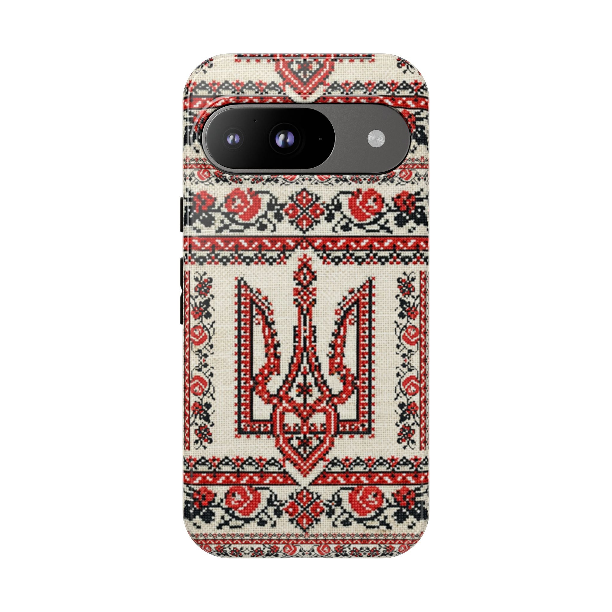 Ukrainian Trident Embroidery Phone Case • Red Black Trident Pattern • Protective Folk Art Cover for iPhone & Samsung