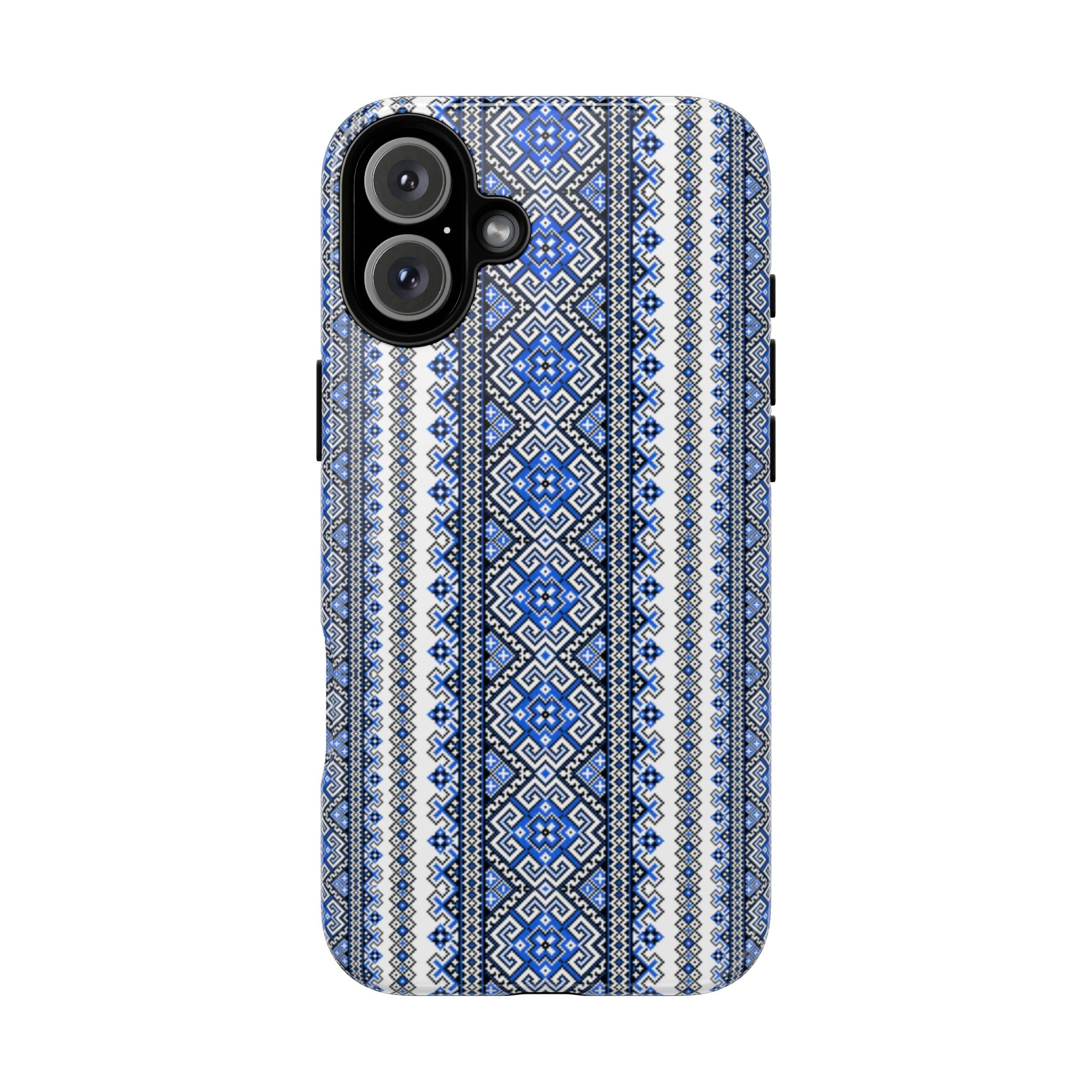 Ukrainian Pattern iPhone Case, Blue Black Geometric Folk Design, Protective Phone Cover, Traditional Ethnic Print