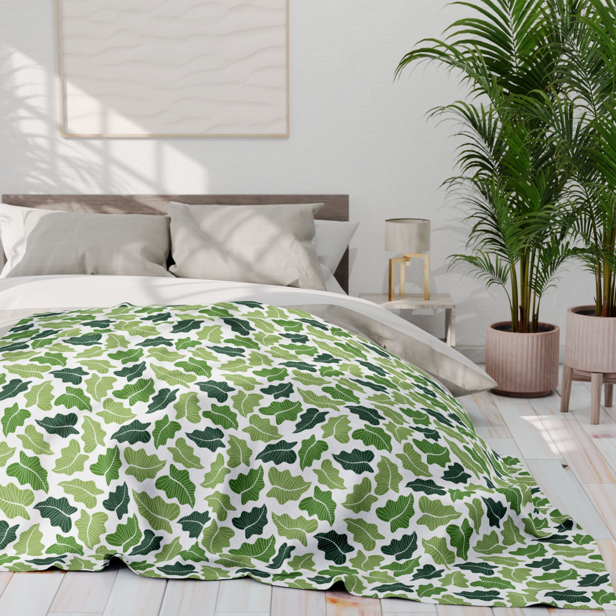 Green Leaves Arctic Fleece  Blanket, Nature Home Decor, Throw over Lap, White Background, gift for parents, housewarming, cottage core,