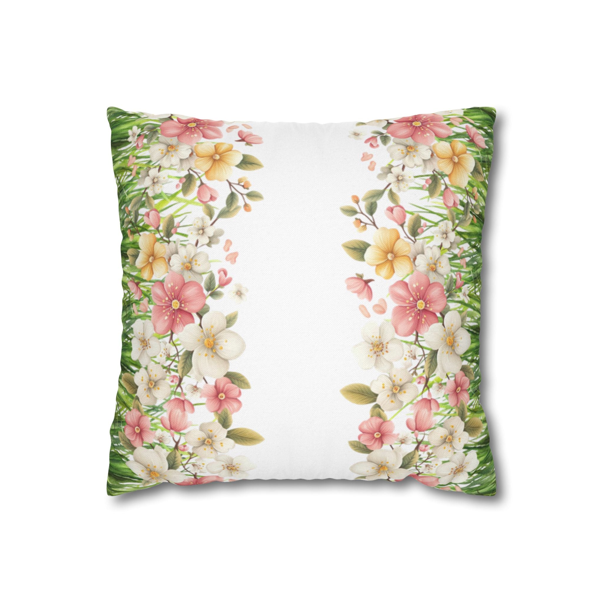 Spring Floral Pillowcase 1piece, Polyester Cushion Cover, Green Grass Border with Pink  White Flowers, Spring Home Decor