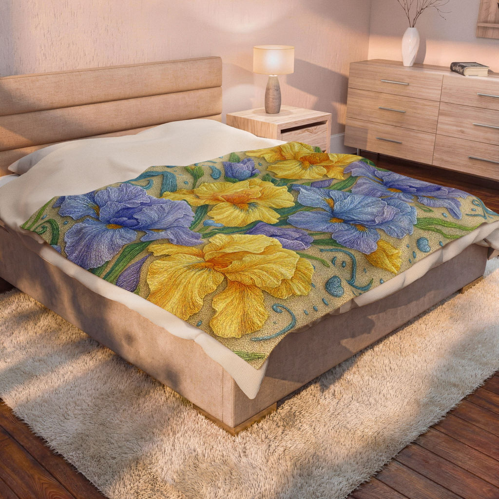 BLUESKYDEZIGN | Yellow and Purple Irises Velveteen Blanket | Irises in Bloom Collection | Cozy Spring Floral Throw | Botanical Gift