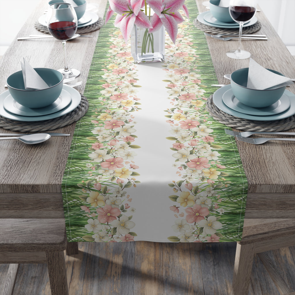 Spring Floral Table Runner, Cotton  Polyester Table Decor, Green Grass Border with Pink White Flowers, Dining Table Runner in 16×72, 16×90