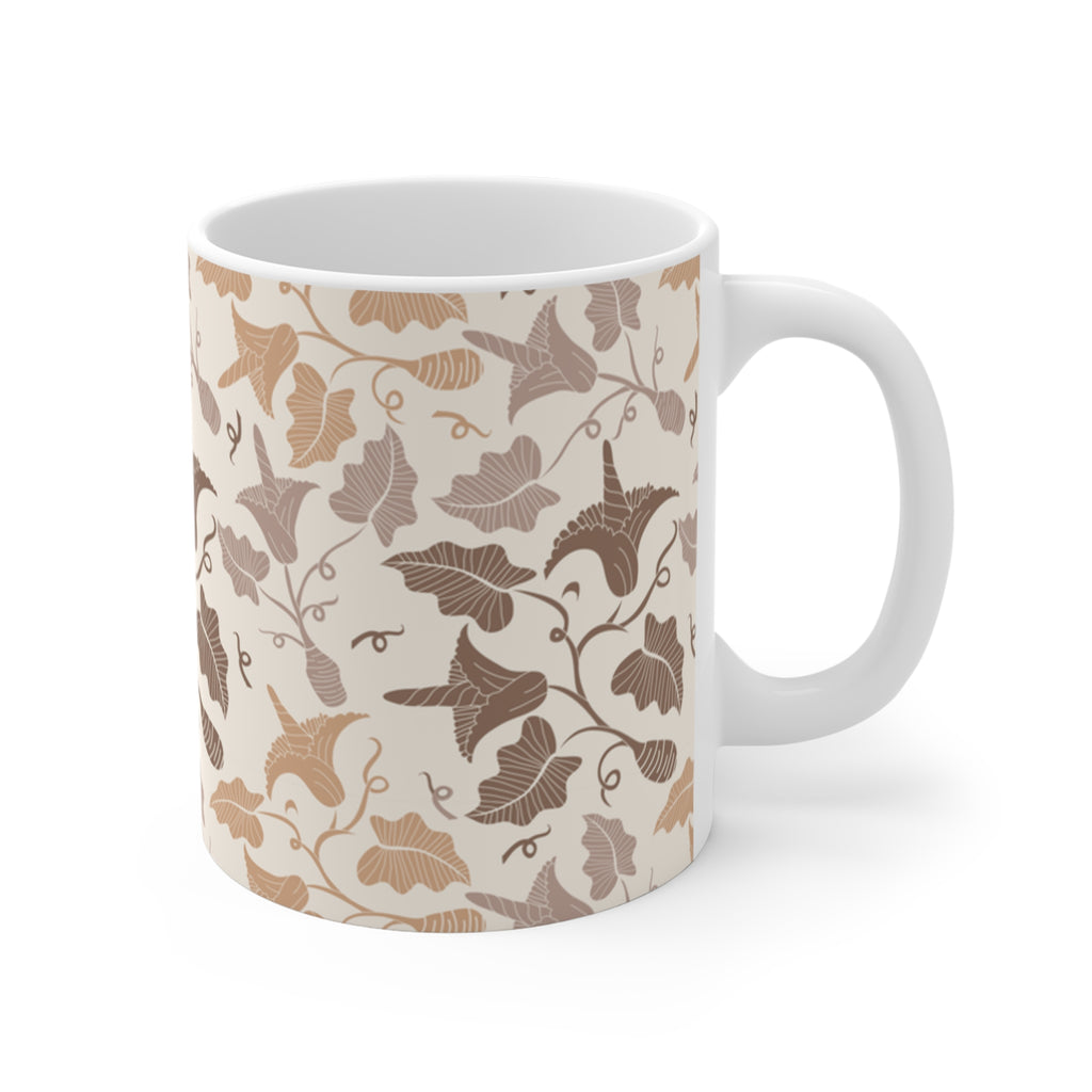 Beige Botanical Leaf Ceramic Mug 11oz - Cottagecore Coffee Cup, Neutral Kitchen Decor, Gift for Her