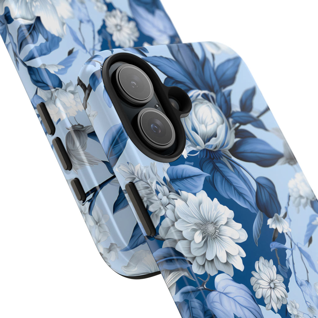 Blue floral watercolor phone case with soft muted indigo rose and botanical bloom pattern — painterly vintage-inspired full-wrap design, dual-layer shockproof iPhone cover with UV-protected glossy finish

